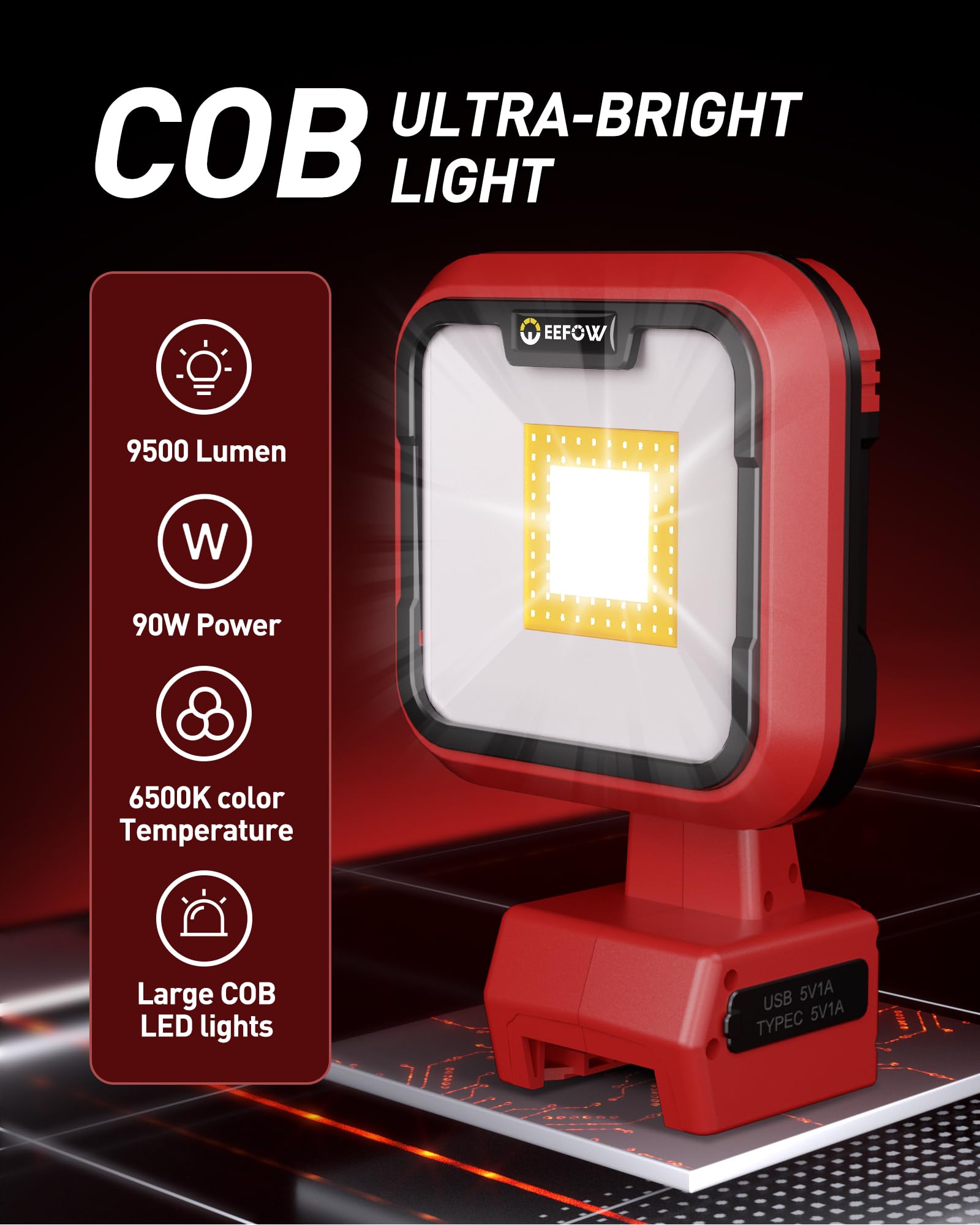 Eefow Work Light For Milwaukee M18: 9500Lm Cordless Led Lights For 18V Battery  90W Portable 140 Rotate Flood Flashlight With Usb & Type C Charge Smart Protect Battery For Indoor Outdoor Lighting