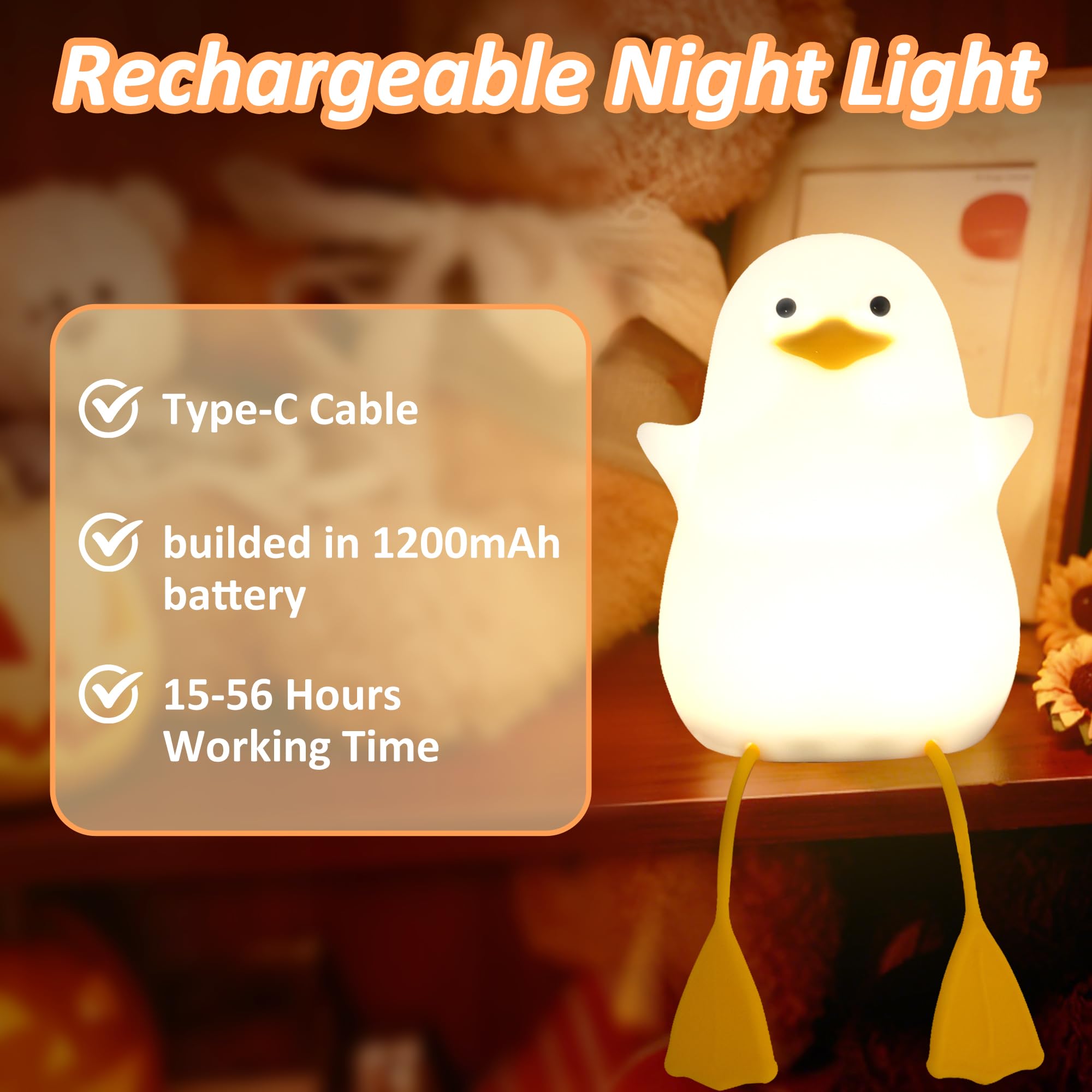 Anywin Duck Night Light, Silicone Rechargeable Lamp, Dimmer, Model FS-S001-AW, Cute Gift for Kids and Teens, Color: Duck