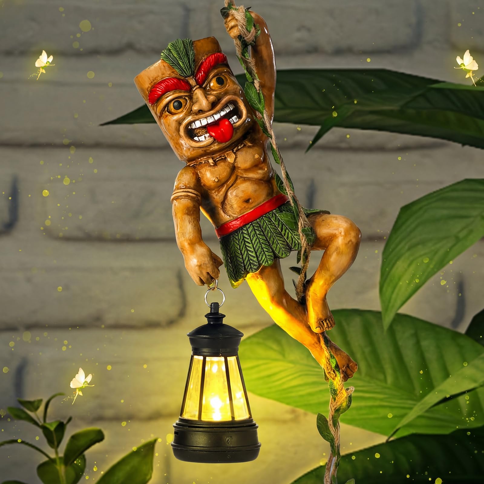 Kathfly Solar Light Outdoor Tiki Statues Resin Tiki Man Climbing on Vine with LED Lantern Waterproof Lamp Hanging Figurine with 