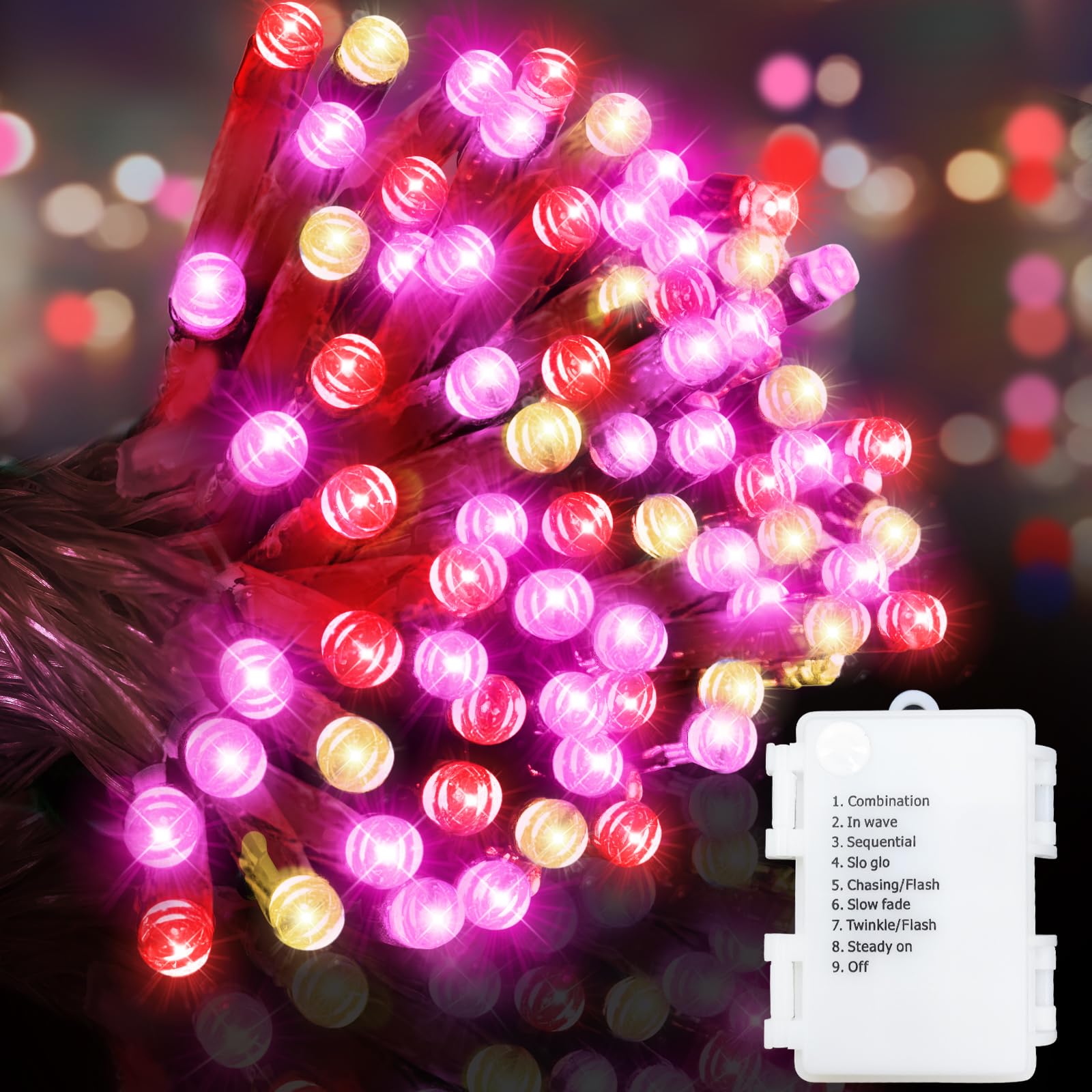 Timer & 8 Mode-33Ft 100LED Valentines Day Decorations Red Pink White Valentines Lights Battery Operated Waterproof Valentines St