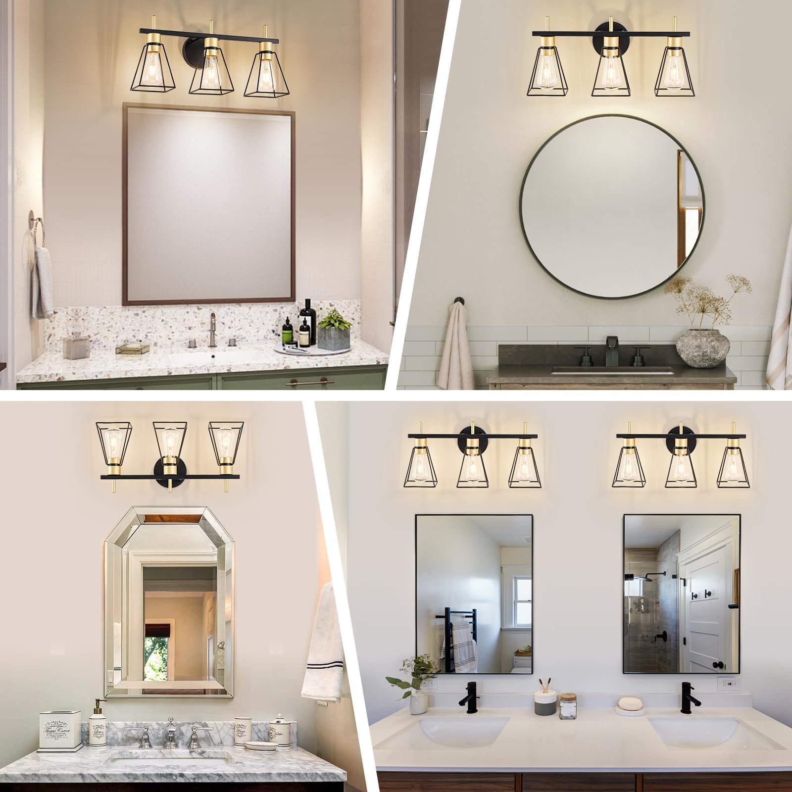 Fonmyim Farmhouse Bathroom Vanity Light Fixtures Over Mirror, Black And Gold 3-Light Wall Sconce With Metal Cage, E26 Socket (Bu