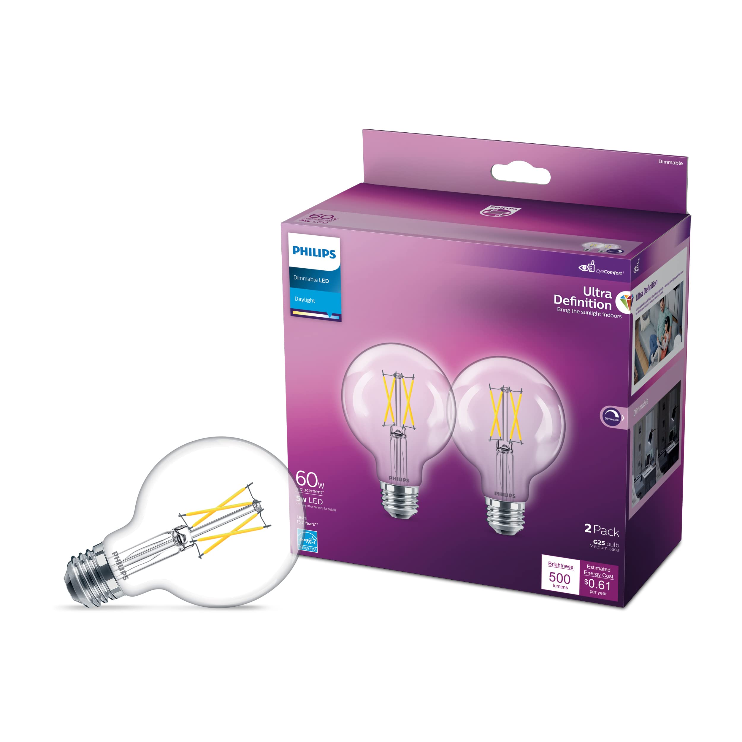 Philips LED G25 Light Bulb, 500 Lumen, 5.5W=60W, Dimmable, Daylight 5000K, Clear Glass, 4-Pack