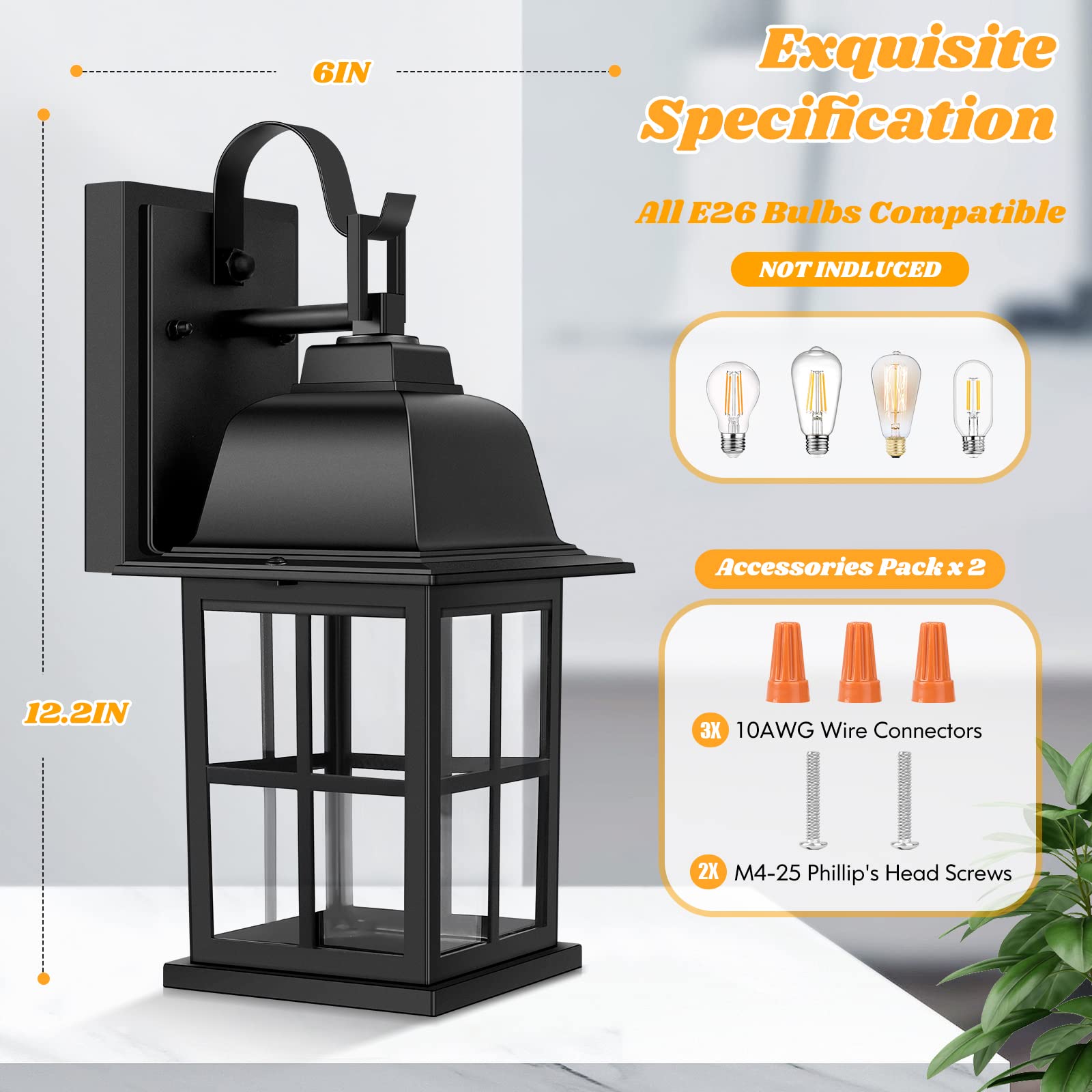 TOBUSA Outdoor Wall Lanterns - 2-Pack Black Aluminium Waterproof Sconces, Anti-Rust, Model S1026, Perfect for Porch and Garage