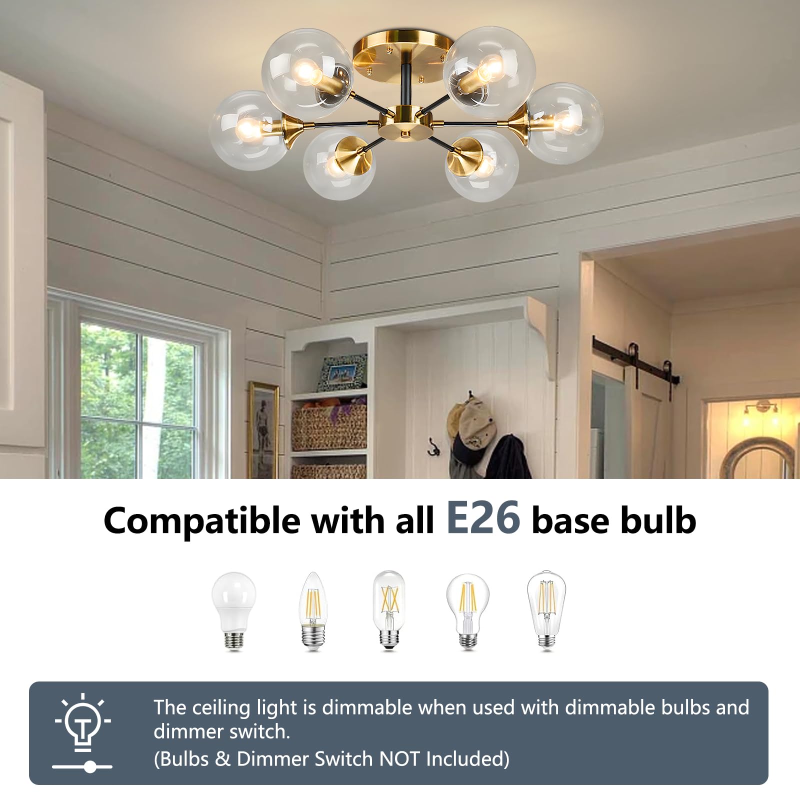 Kco Lighting Mid Century Modern Gold Ceiling Lighting Fixture 6-Light Black Metal Flush Mount Ceiling Lights Brushed Brass Clear