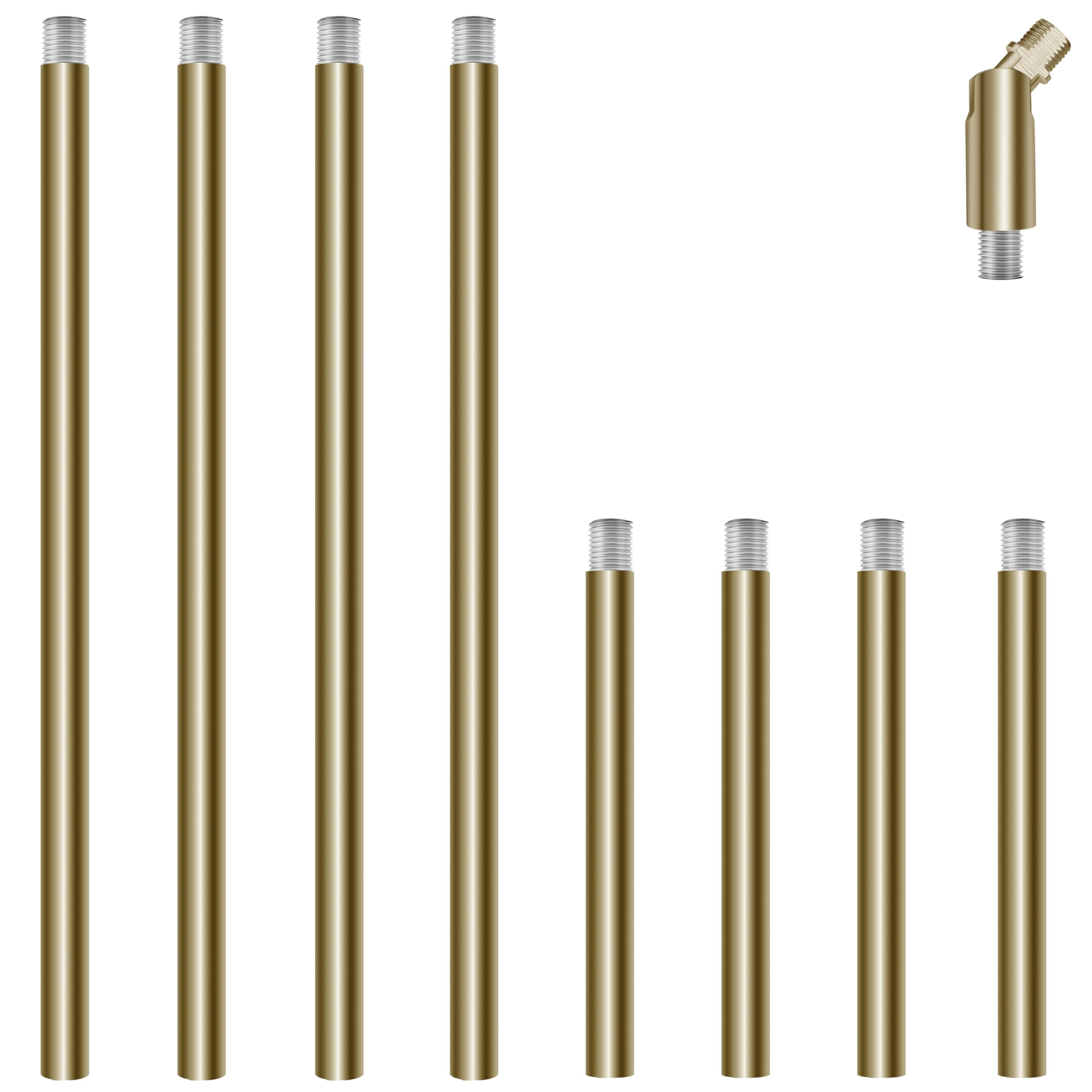 8 Pieces M10 Threaded Extension Poles Lighting Fixture Downrods Stems & 180 Degrees Sloped Ceiling Adapter Kits For Pendant Light  Island Lighting  Chandeliers (Brass)