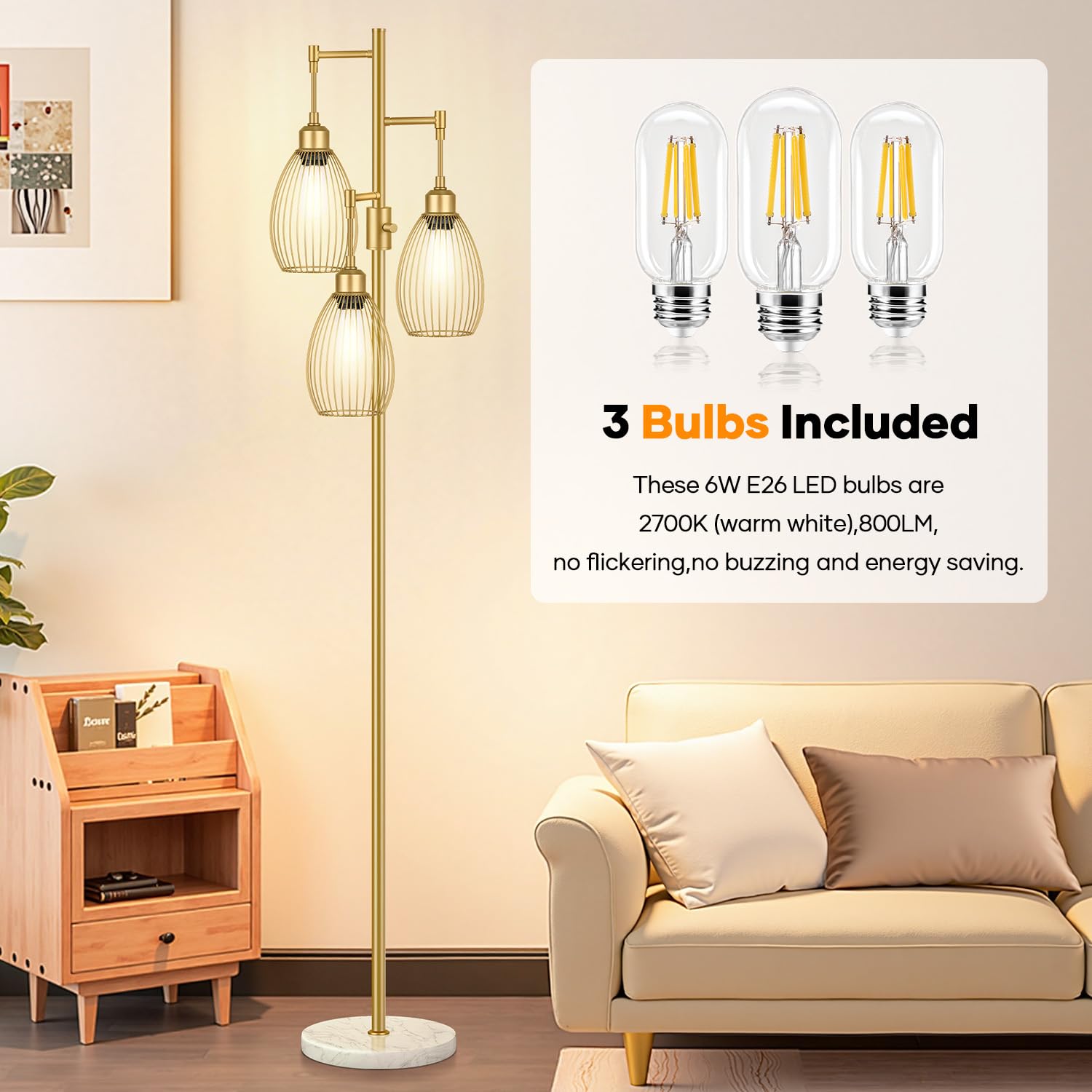 Nintiue Dimmable Floor Lamp with 3 LED Bulbs, 70 inches, Gold & Marble Base, Model FL1908, Industrial Style for Living Room & Office