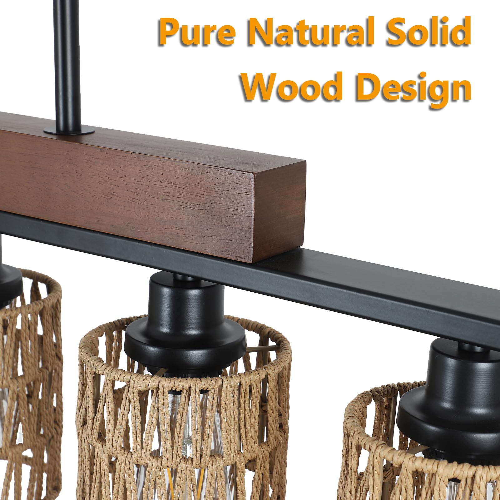 Bribyit Rattan Farmhouse 5-Light Linear Chandelier, Rustic Black Pendant Lighting for Dining Room and Kitchen