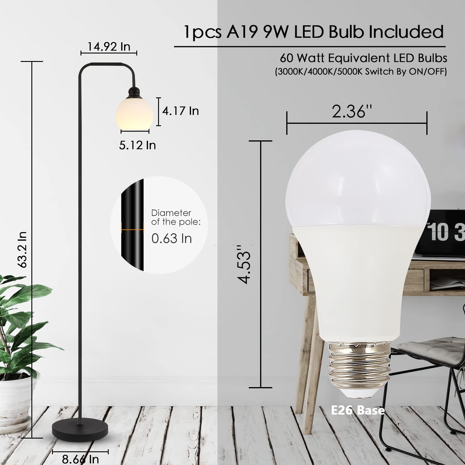 Modern Floor Lamp For Living Room With 3 Color Temperatures Led Bulb, Industrial Floor Lamps, Black Classic Reading Tall Lamp Fo
