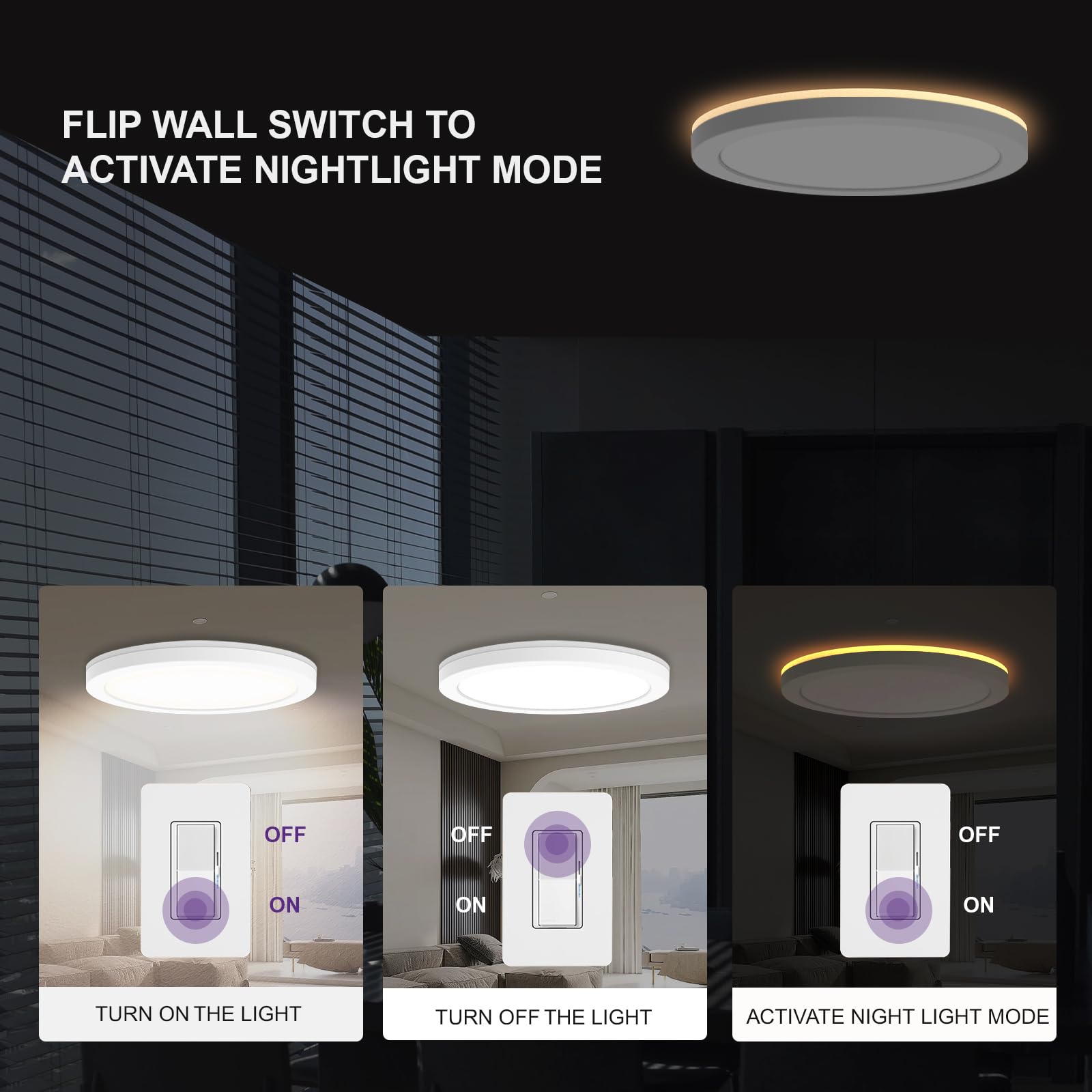 Sofiton 12 Inch Led Flush Mount Ceiling Light Fixture With Night Light, 2700K/3000K/3500K/4000K/5000K Selectable, 24W 1500Lm Dim