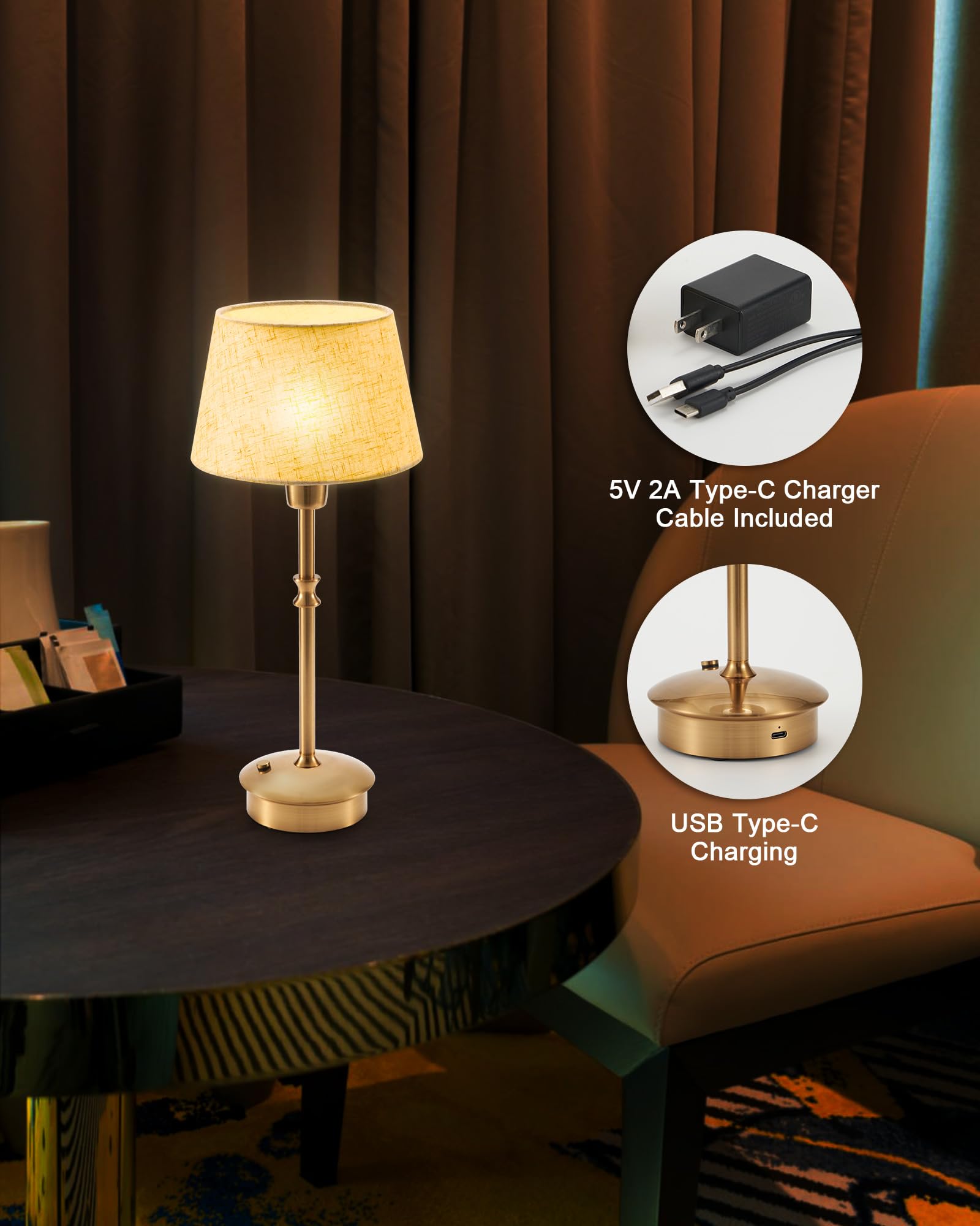 UMEXUS Cordless Table Lamps Set of 2, Dimmable, 13.97inH, Beige Fabric Shade, Antique Brass, Model HVUS-20632E6