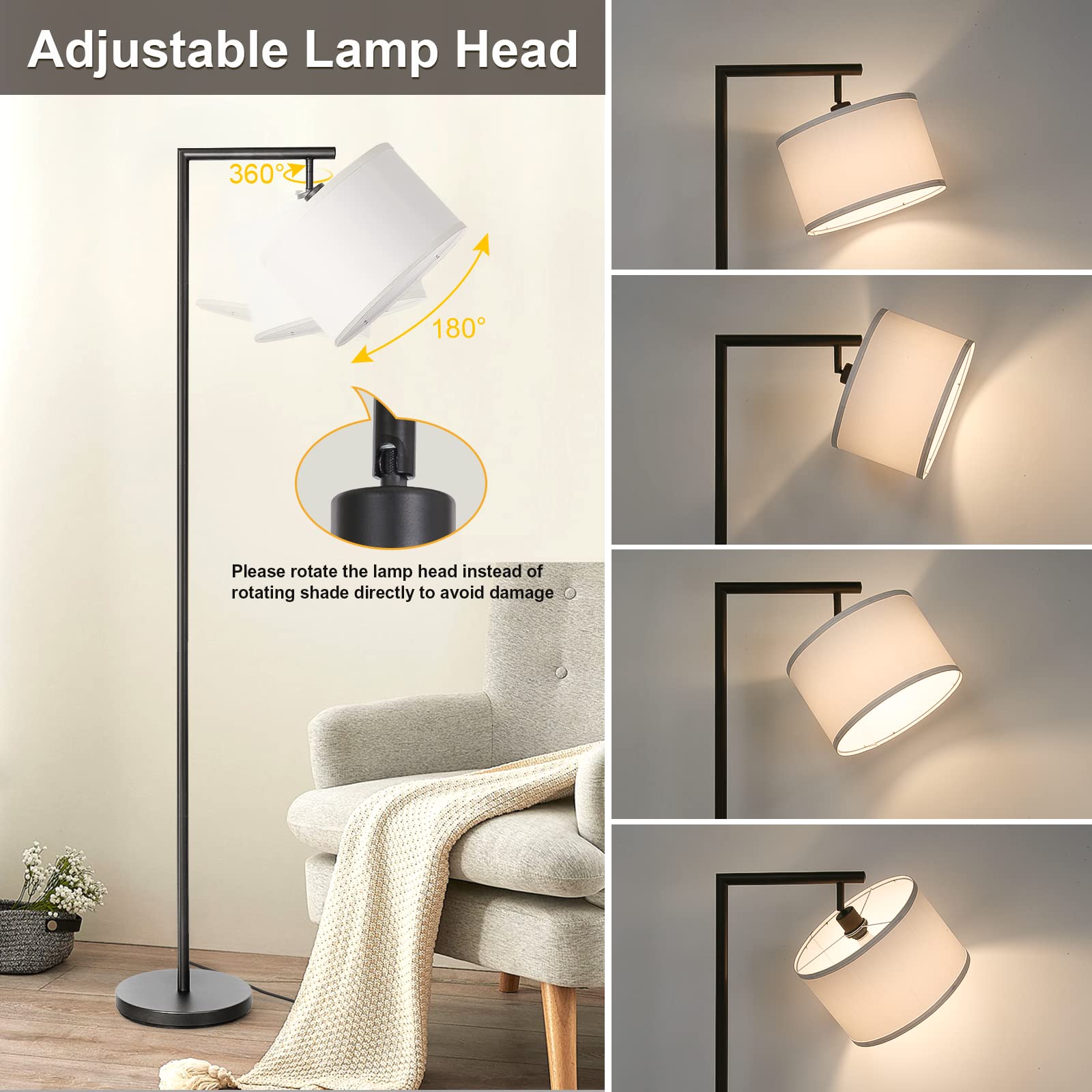 Boncoo Dimmable Black Floor Lamp, Modern Adjustable Drum Shade, Tall Reading Light for Living Room, Bedroom, Office, Model 13046