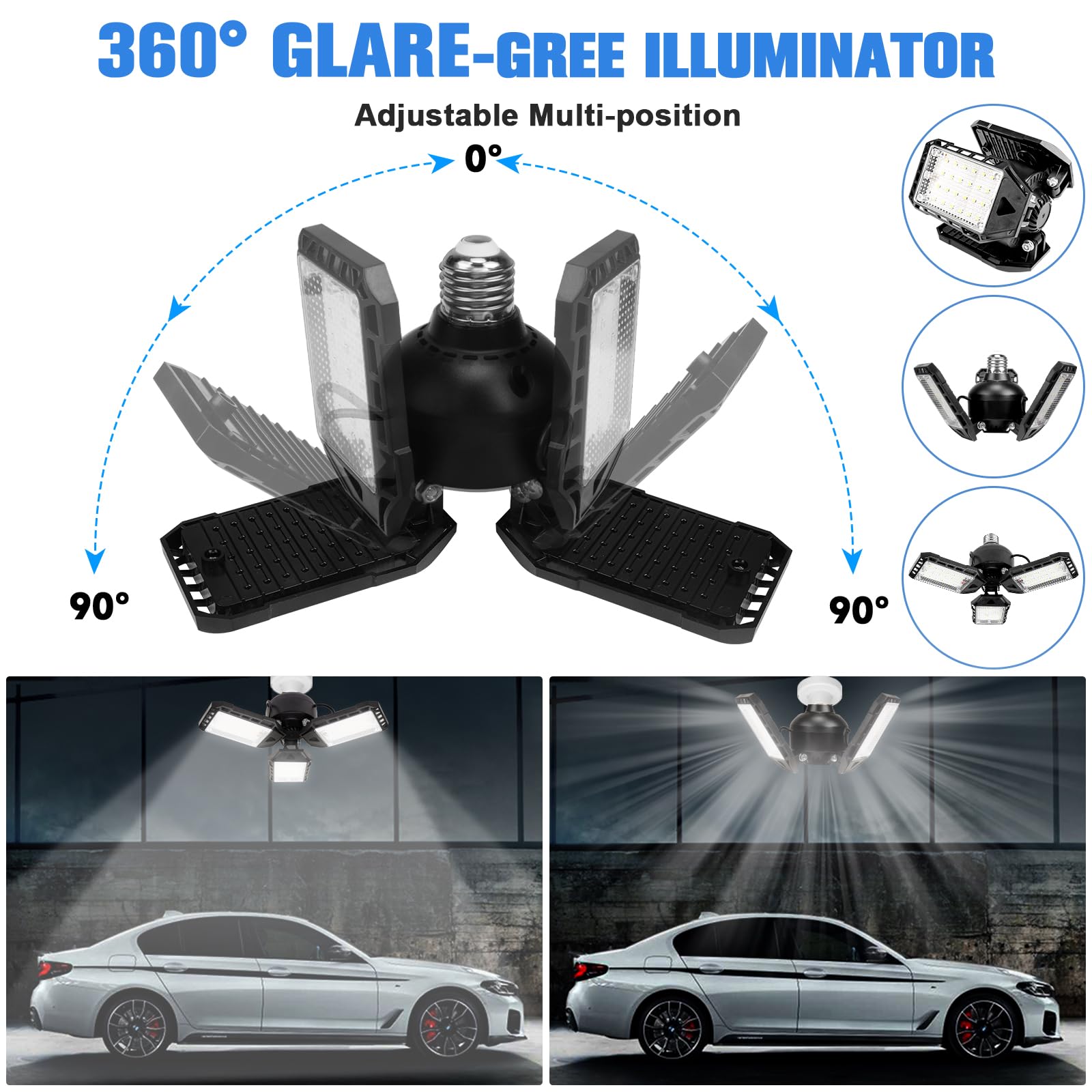 Aoretic Led Garage Lights Bulb 1 Pack -80W, 8000Lm 6500K Led Shop Light With 3 Deformable Panels, Basement Barn Light Garage Cei