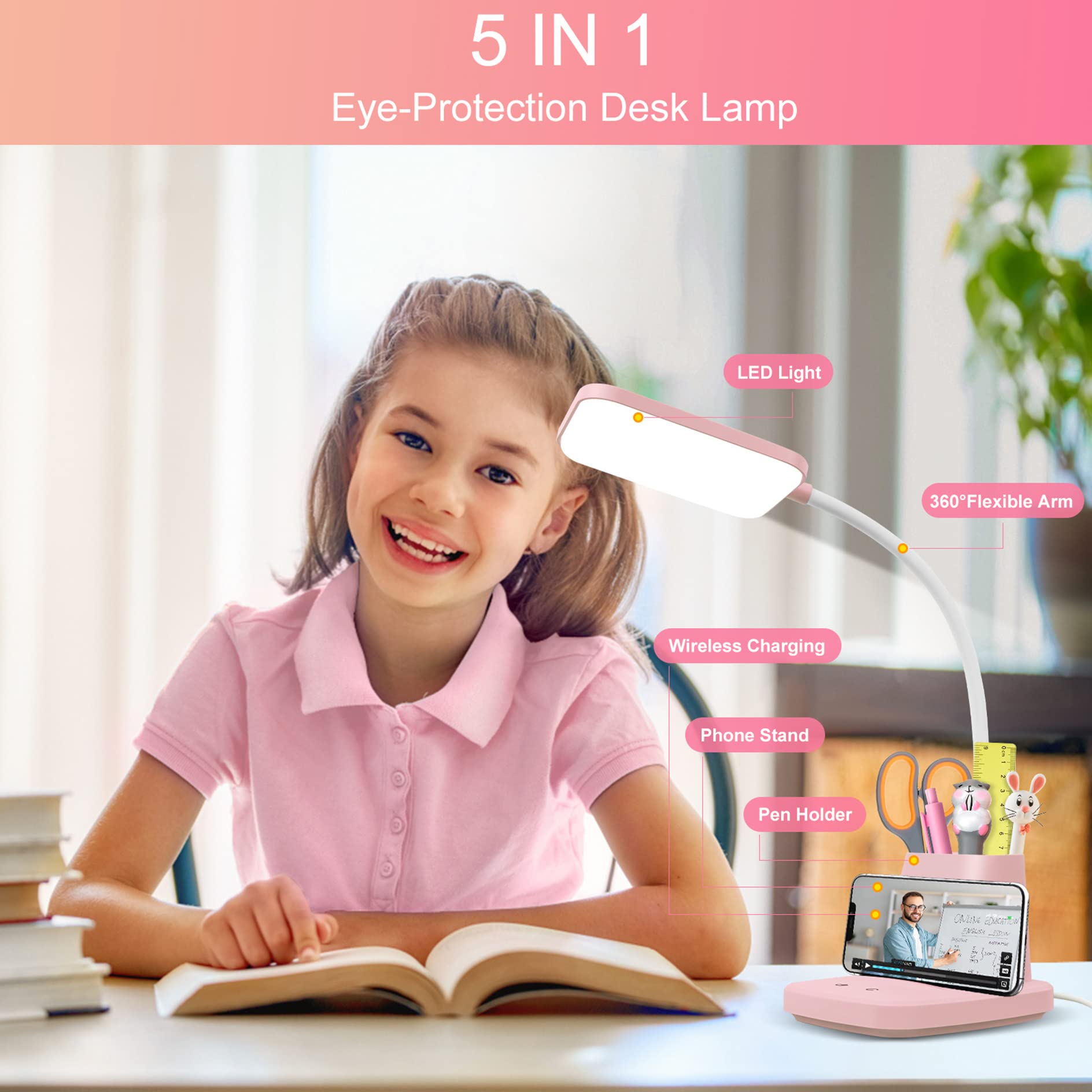 Sailstar Pink Desk Lamp with Wireless Charger, 800LM Dimmable Touch Gooseneck, Small Size for Home Office and Kids Rooms, Model SA-DL-PINK-FBA
