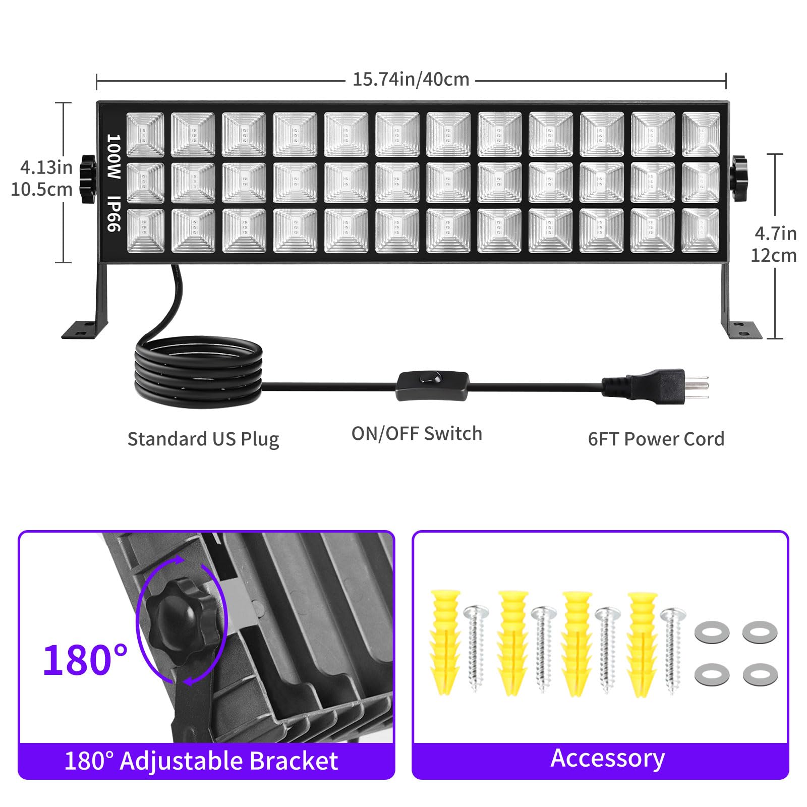 ISUERFY 100W Black Light Bar IP66 Waterproof LED, 1 Count, Purple, Model SUER-FL100W-1Pack, Indoor/Outdoor Use, 6ft Cord