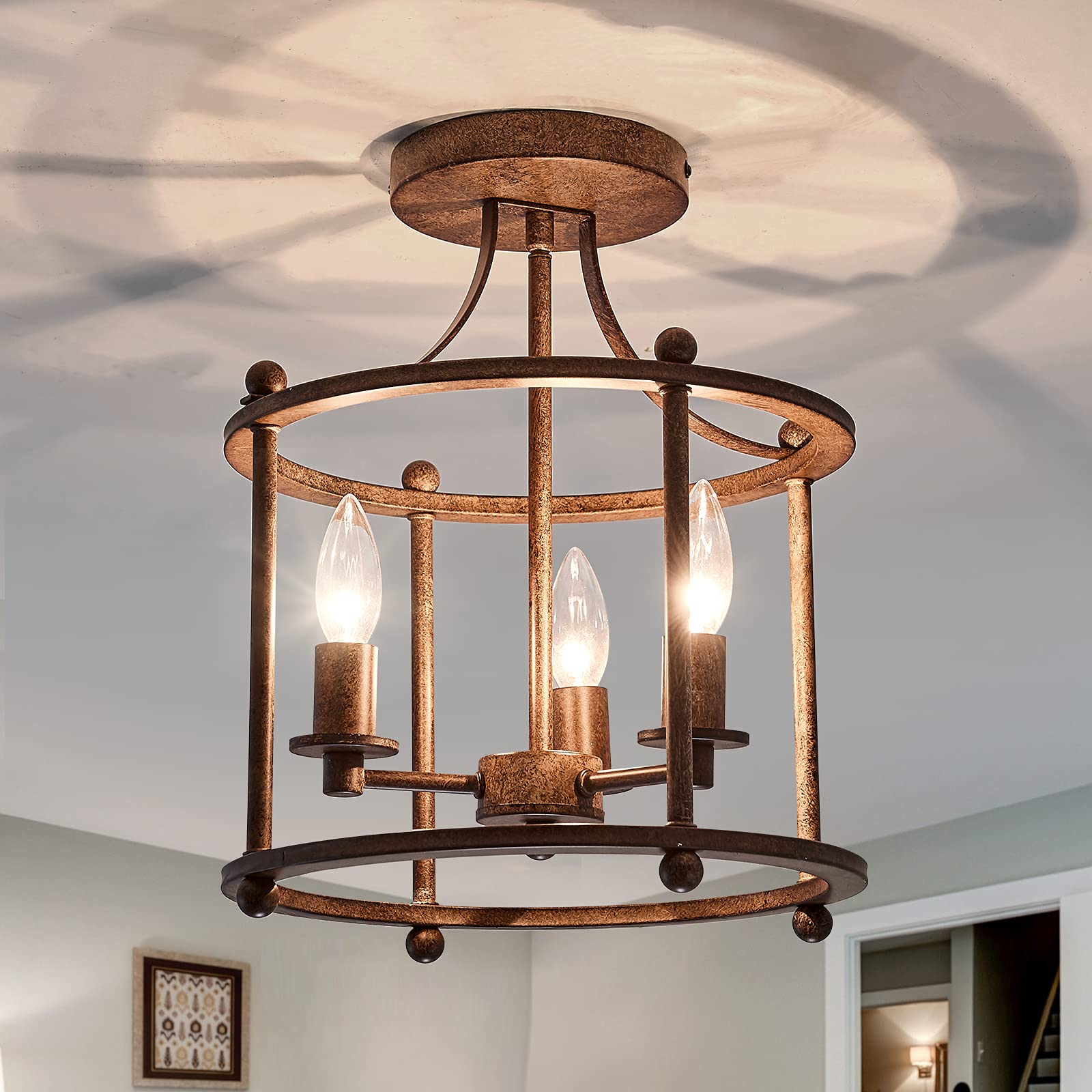 Uofus 3-Light Rustic Bronze Semi Flush Mount Ceiling Light Fixture For Home, Kitchen, Foyer