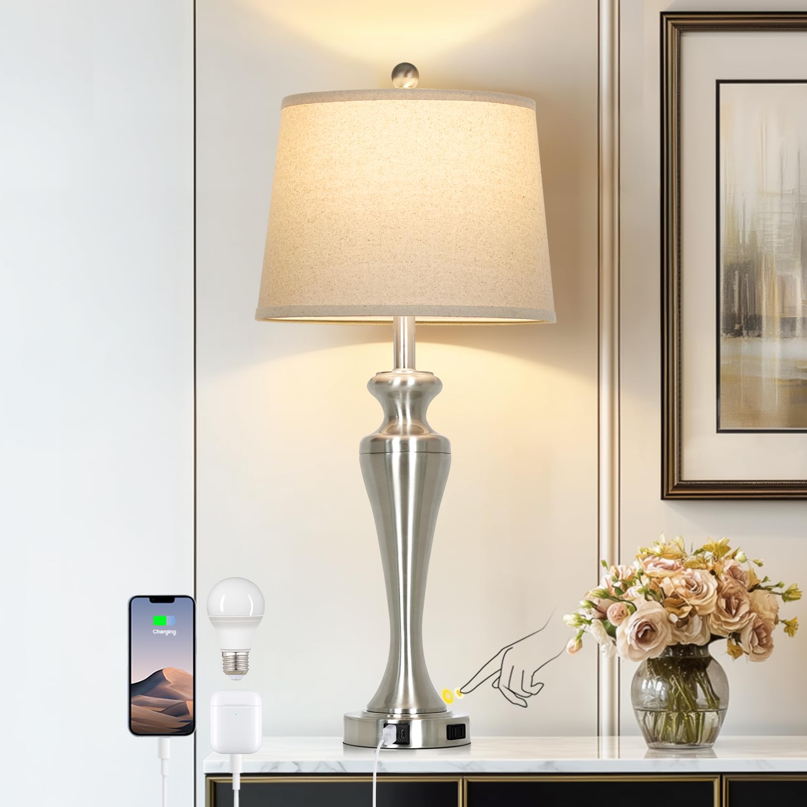 CINSARY Silver Table Lamp Single  Touch Control Bedside Lamp with USB A+C Ports and AC Outlet  3-Way Dimmable Bedroom Lamps for Nightstand  Tall Brushed Nickel Living Room Lamps for End Table