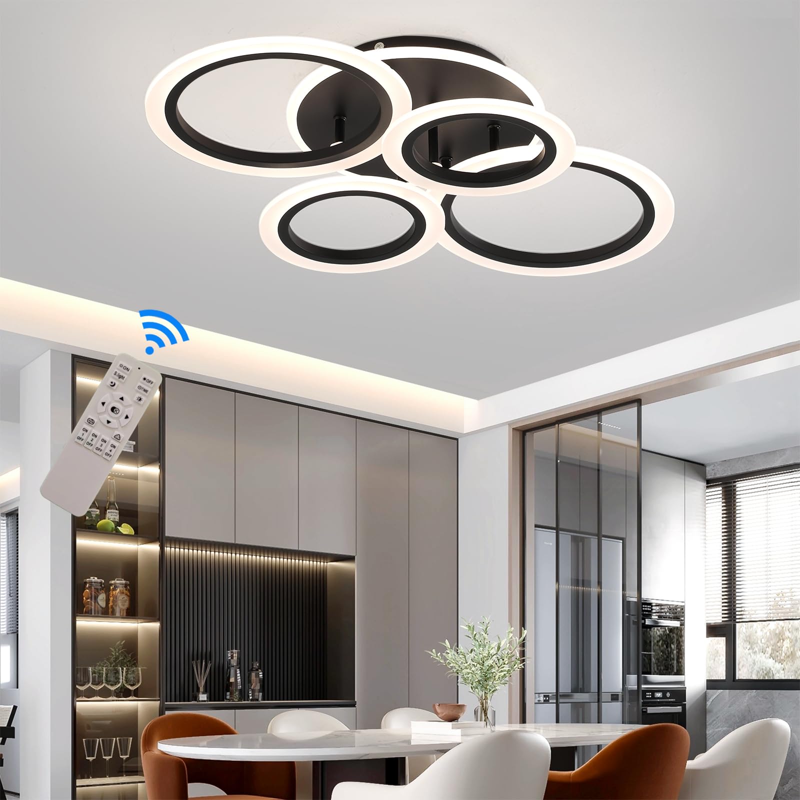 Stch Modern Led Ceiling Light, Dimmable 3000K/4000K/6500K, Black 4 Rings Flush Mount Ceiling Lamp, Ceiling Light Fixture With Re
