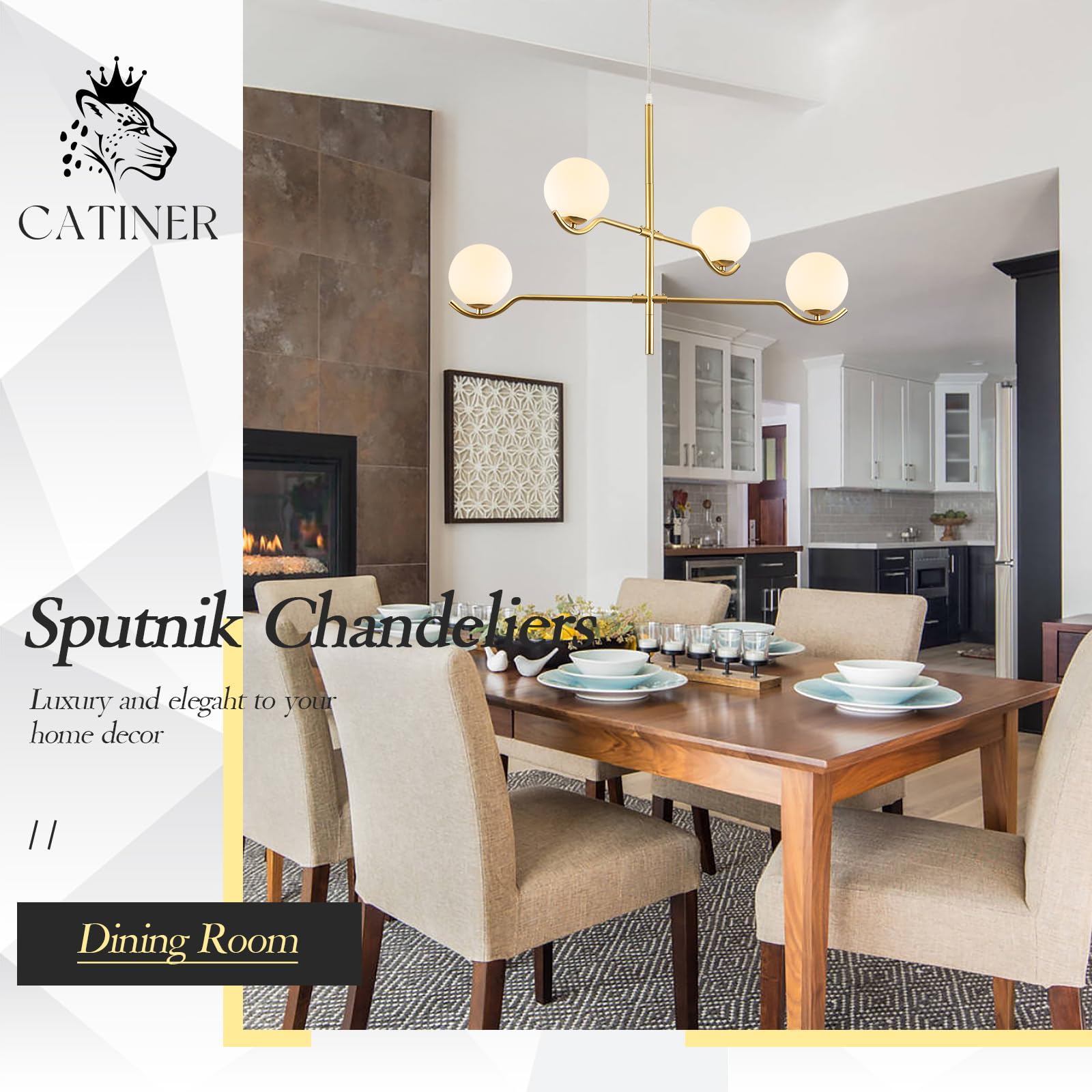 CATINER Modern Gold Sputnik Chandelier, 4 Lights, Milk Glass Globe Shades, L31", Mid Century Ceiling Fixture for Living Room/Foyer/Bedroom
