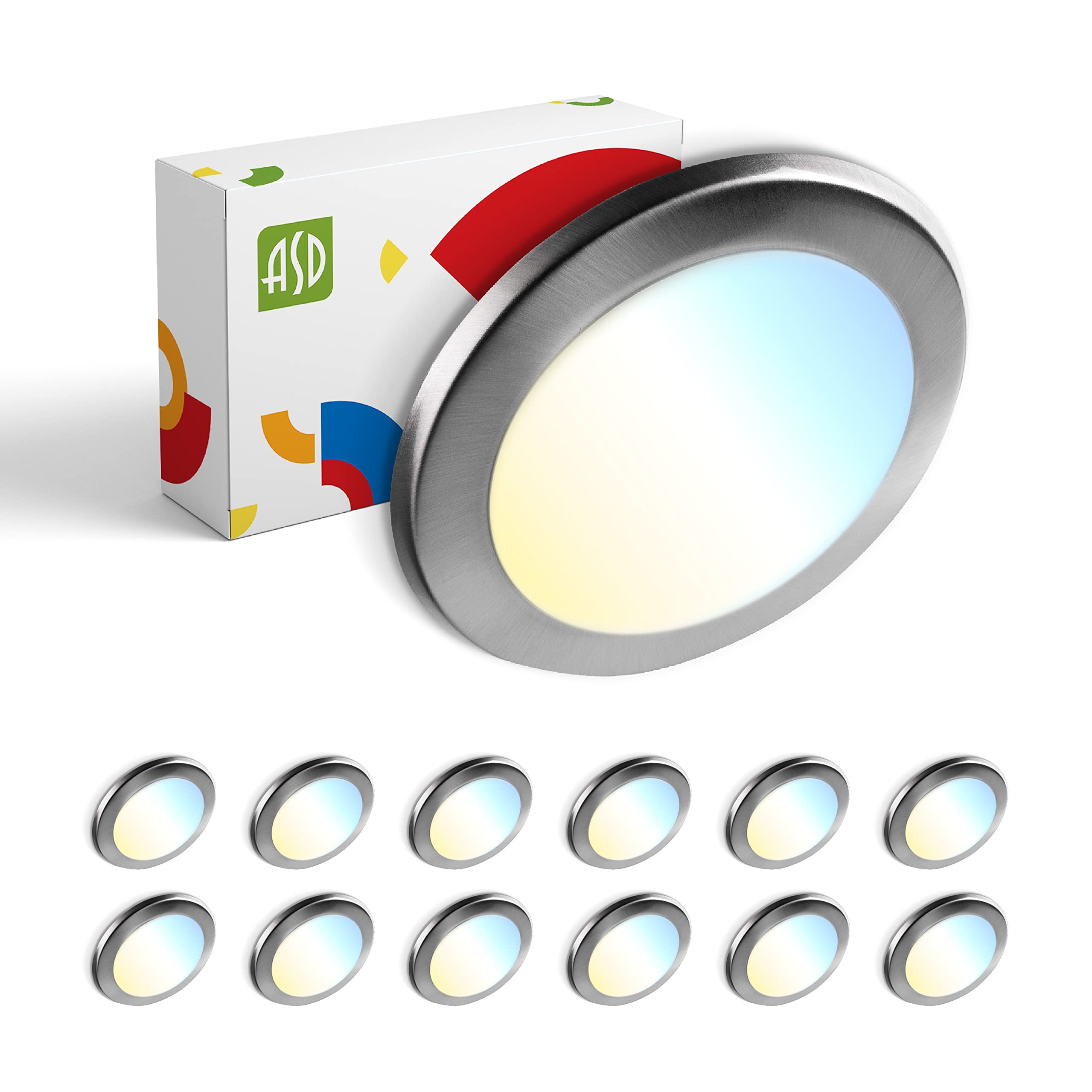 ASD 12 Pack LED Disk Lights, 10W 5CCT Dimmable, 4 Inch Brushed Nickel, Model A-LDS-4D10AC-NK(12p