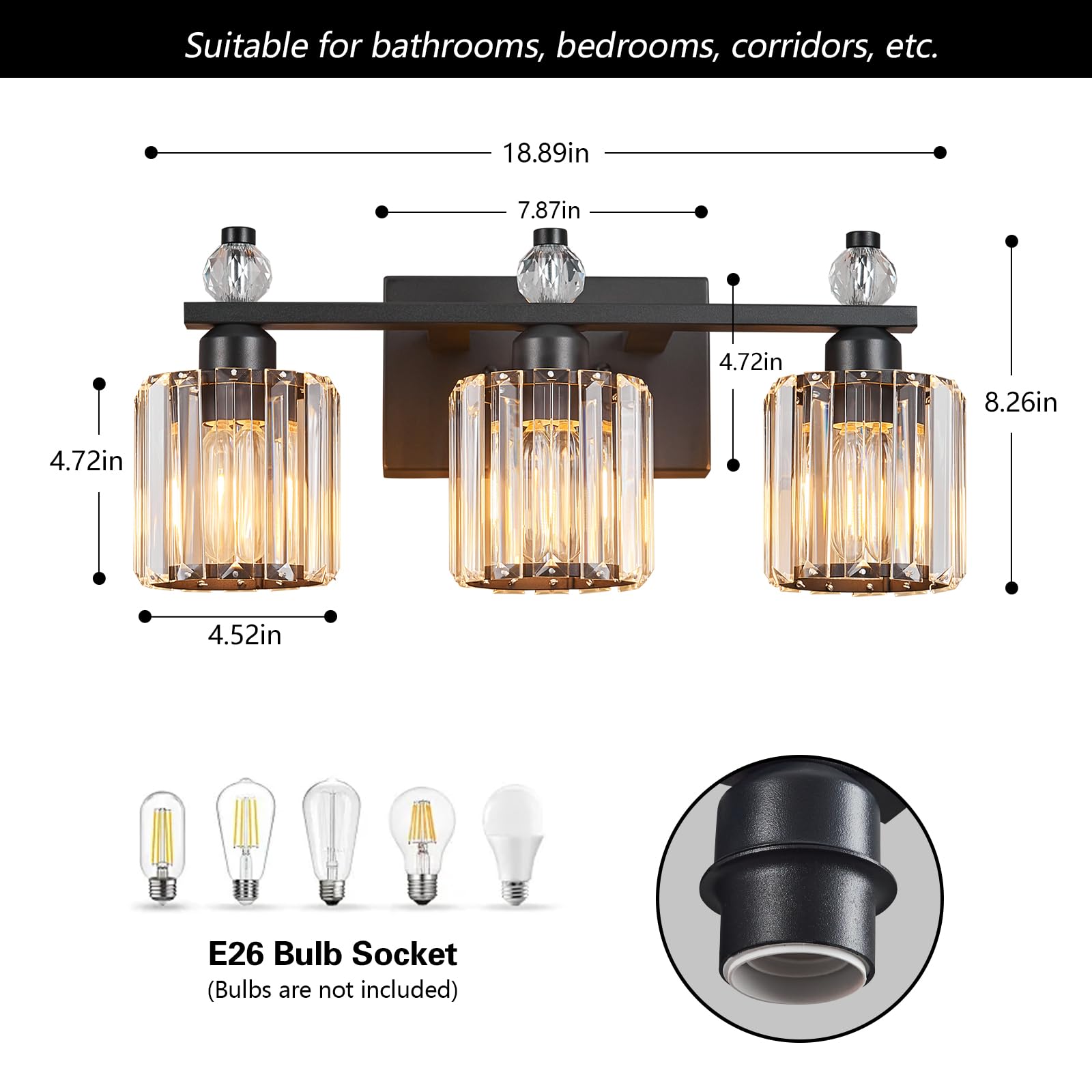 FDPBY 3-Light Bathroom Vanity Light Fixtures, Sand Black Round Crystal, Model 291