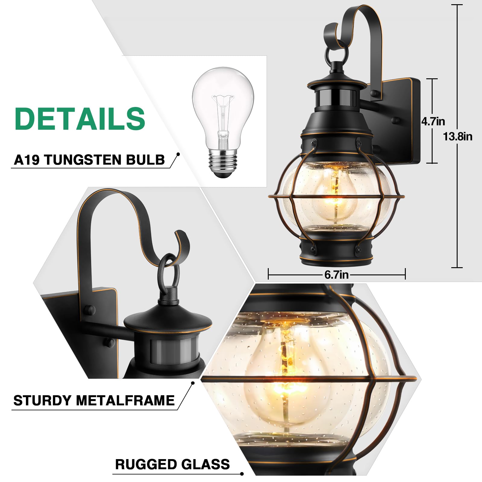 Lamomo Outdoor Wall Sconce, 2 Pack Black Motion Sensor Light Fixtures, Waterproof Metal Porch Lights, Model B06050PG-2PKUS