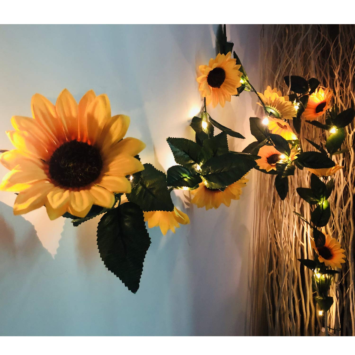 Fielegen 30 LED Artificial Sunflower Garland with Lights Battery Powered 7.2ft Sunflower Vine Compatible Flowers Garland String Lights for Indoor Bedroom Holiday Garden Wedding Birthday Party Table Decor