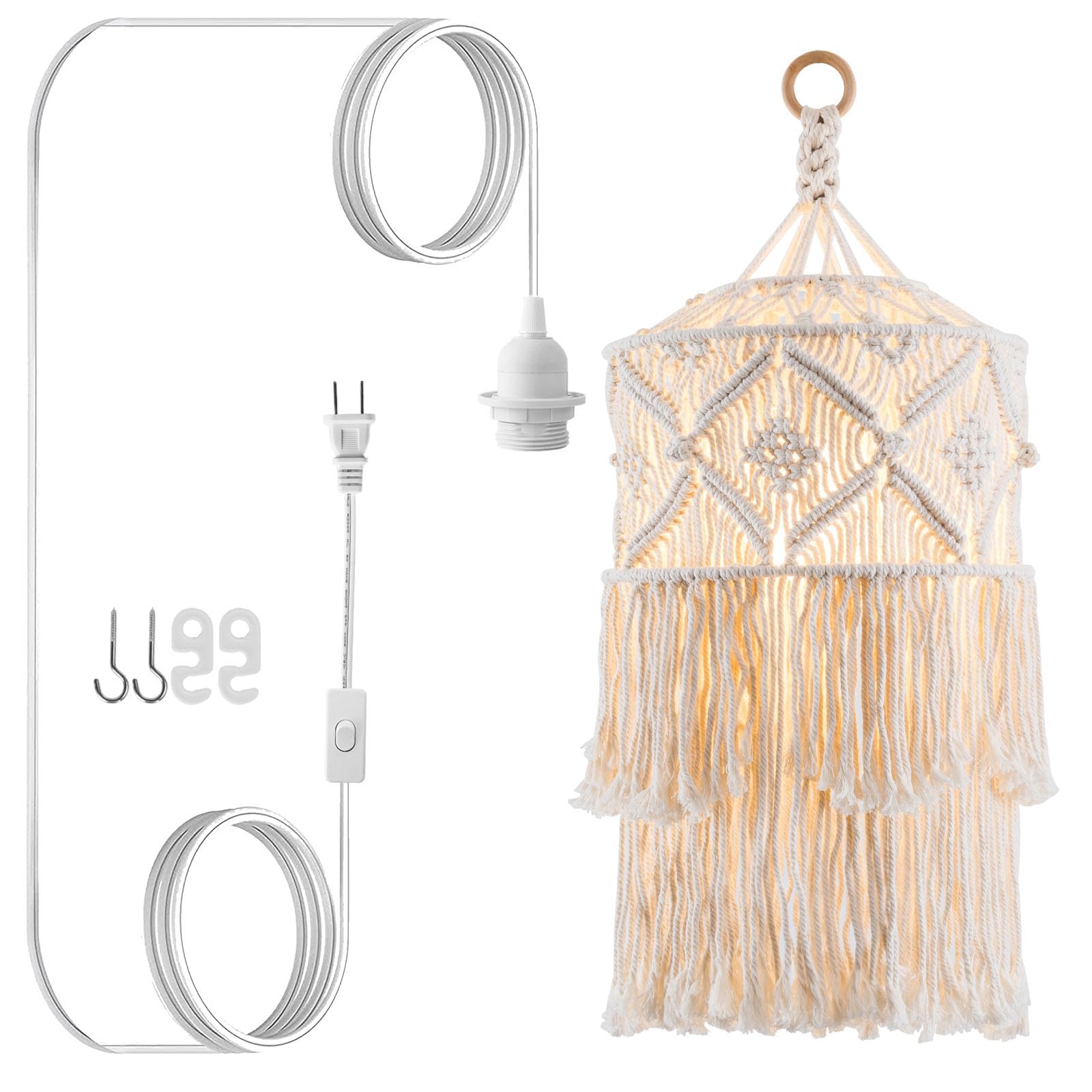 FLSFU Boho Pendant Light, Handmade Macrame Shade, Plug-in Cord, Beige, Model BOHO-04