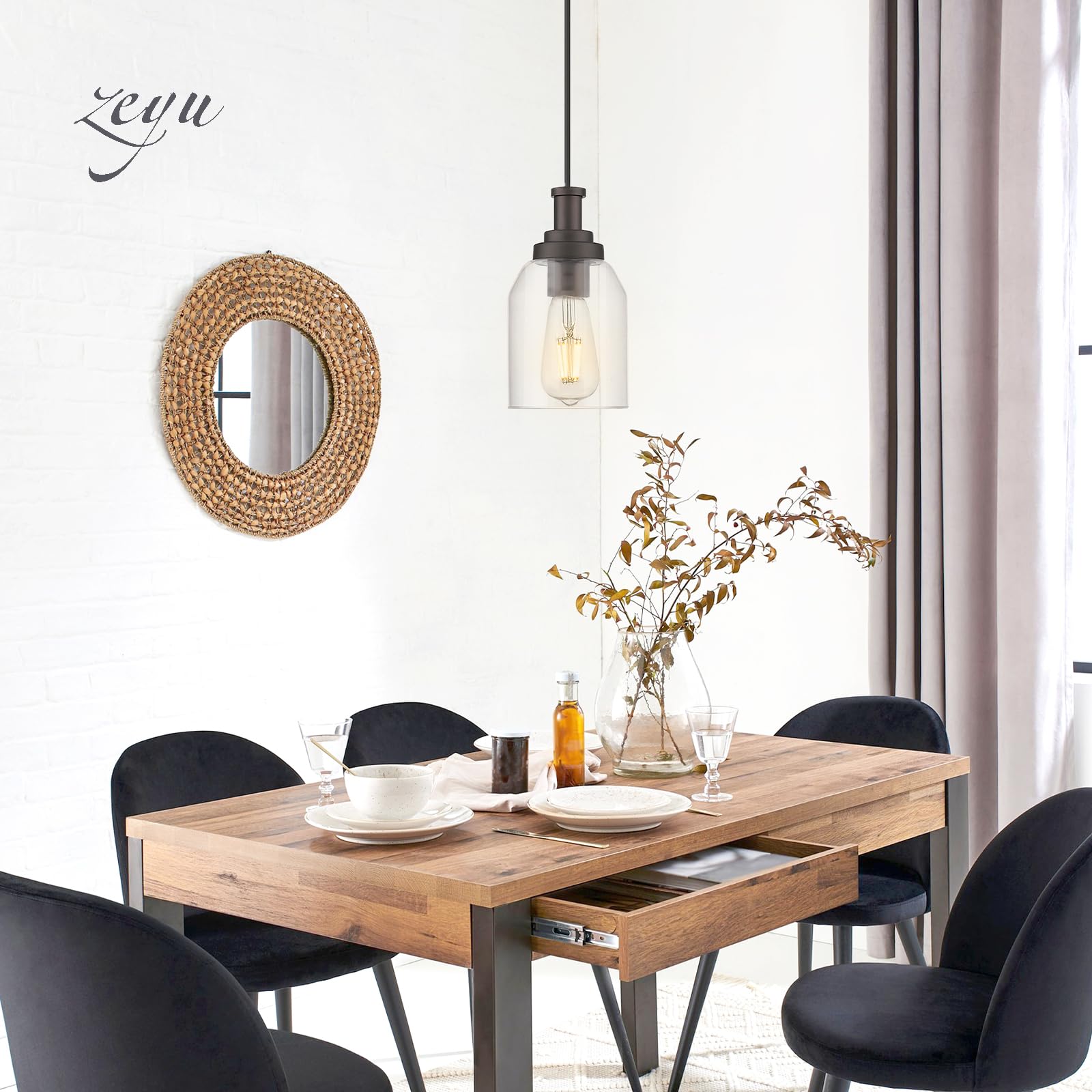 Zeyu 2 Pack Farmhouse Pendant Light Fixtures, Industrial Hanging Light For Kitchen Island, Clear Glass Shade, Oil Rubbed Bronze