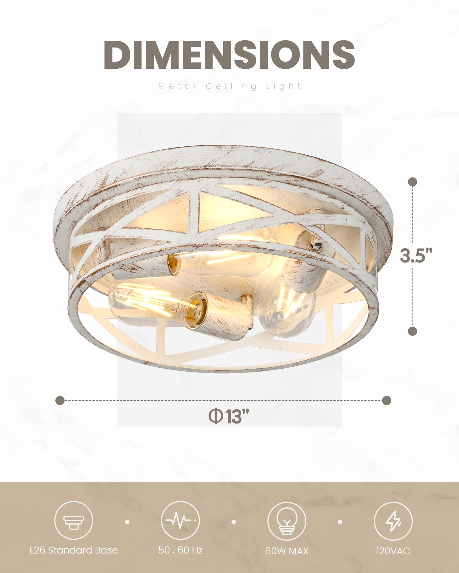 piano7797 3-Light Ceiling Light Fixture, Metal, 13 inch, White and Gold, Model PACL003, 1 Pack