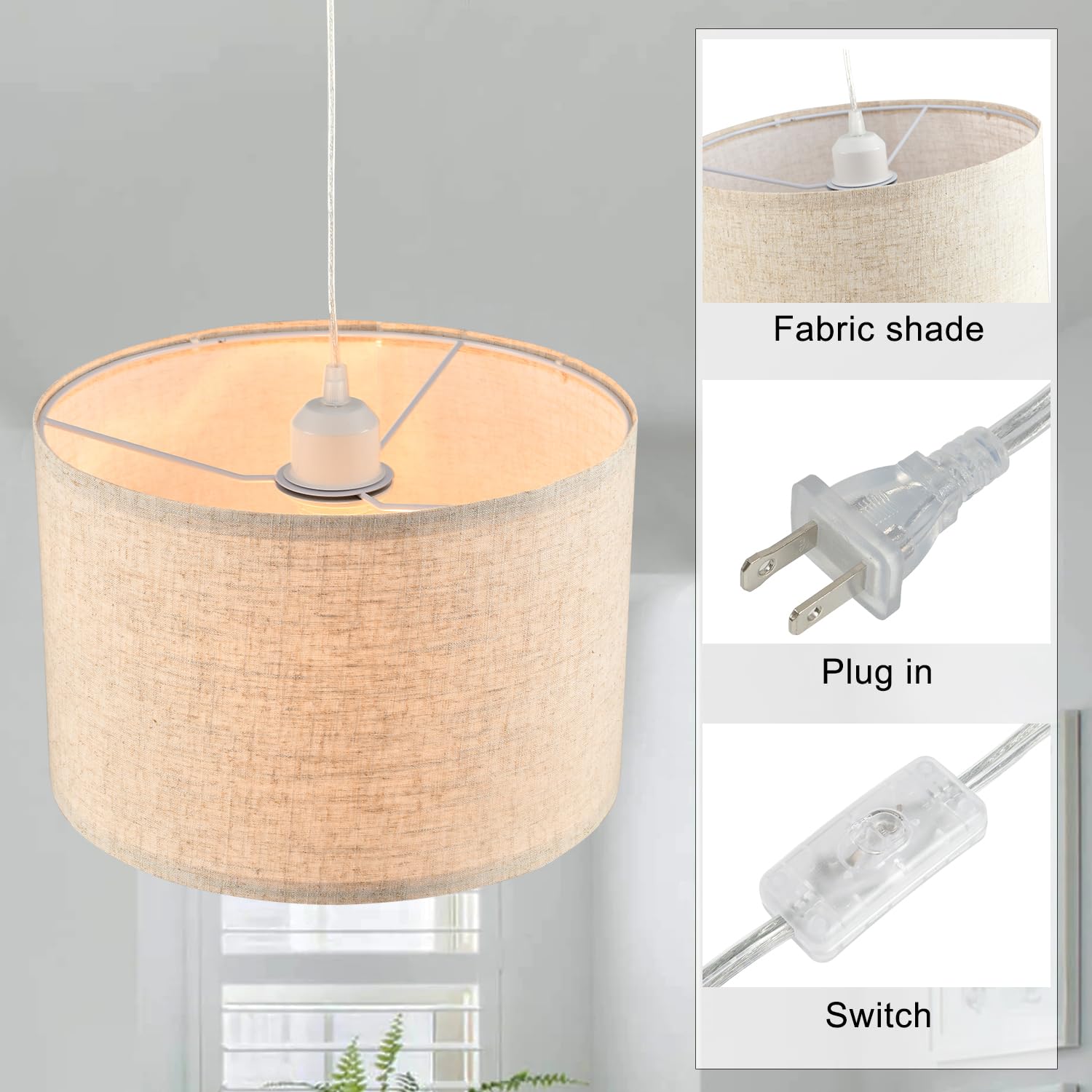 Ihengyanlt 2 Pack Plug In Pendant Light, Hanging Light With 15Ft Clear Cord, On/Off Switch, Beige Linen Fabric Lamp Shade, Hanging Light Fixture For Bedroom, Kitchen, Living Room, Dining Table