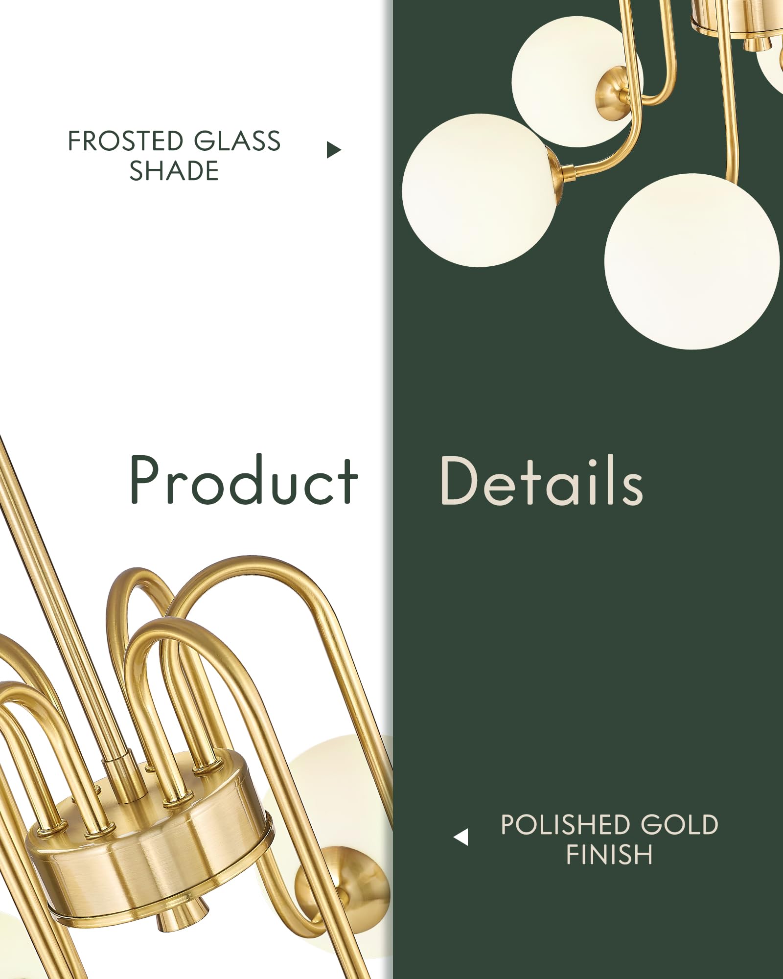 Cargifak Gold Chandelier With Frosted Glass Globe, 6-Light Modern Pendant Light For Kitchen, Bedroom, Hallway, Living Room,Ckpl4