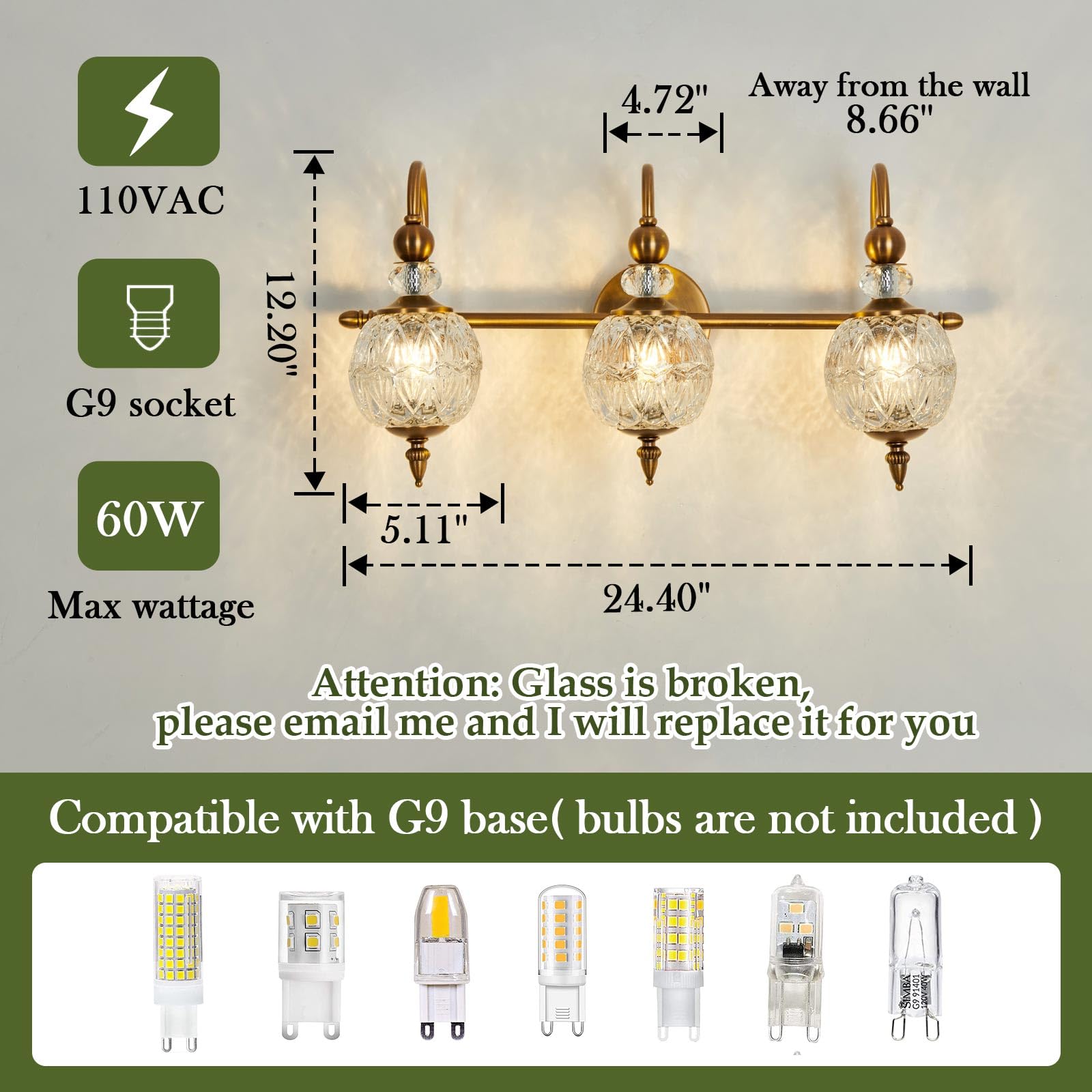 Piepooye Vintage Gold Bathroom Light Fixtures, 3-Light Iron Wall Sconce with Glass Globe, Model R-3020 for Kitchen, Bedroom, Living Room