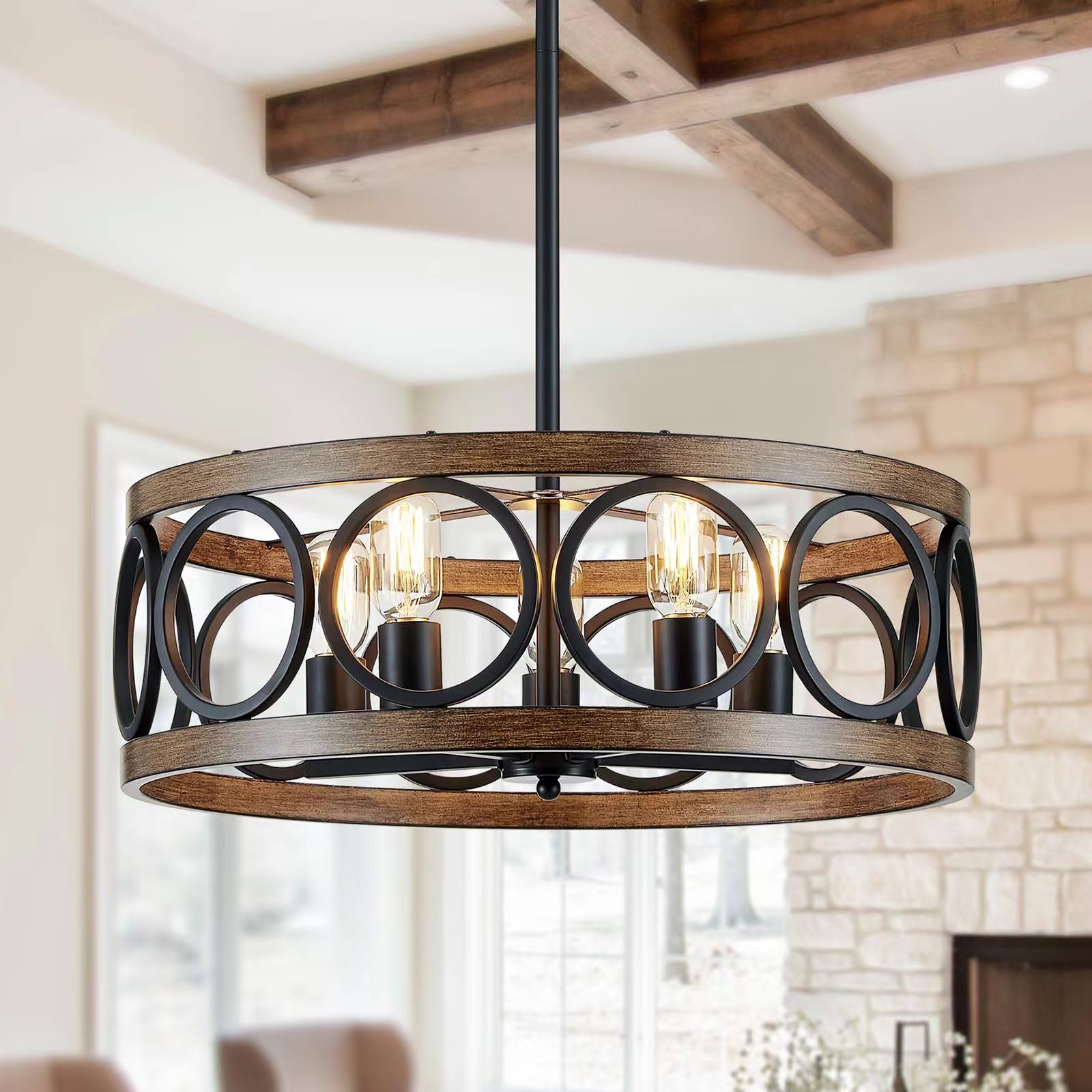 Xingqi 5 Lights Modern Chandelier Black Farmhouse Dining Room Light Fixture 21.7'' Drum Chandelier For Living Room Entryway Bedr