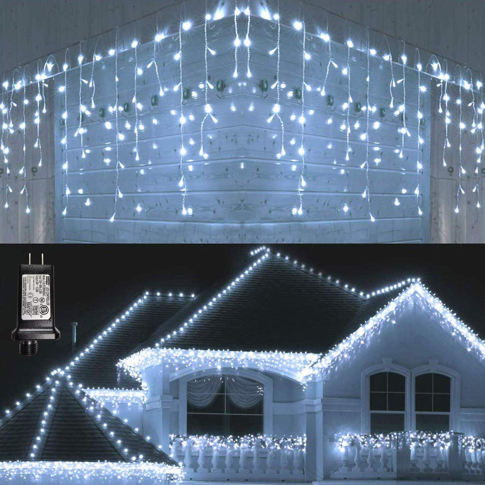 LYHOPE Icicle Christmas Lights, 432 LED, 35.4ft, 8 Modes, Pure White, Model JT-EL/FC300V0200-C, Indoor/Outdoor Decor