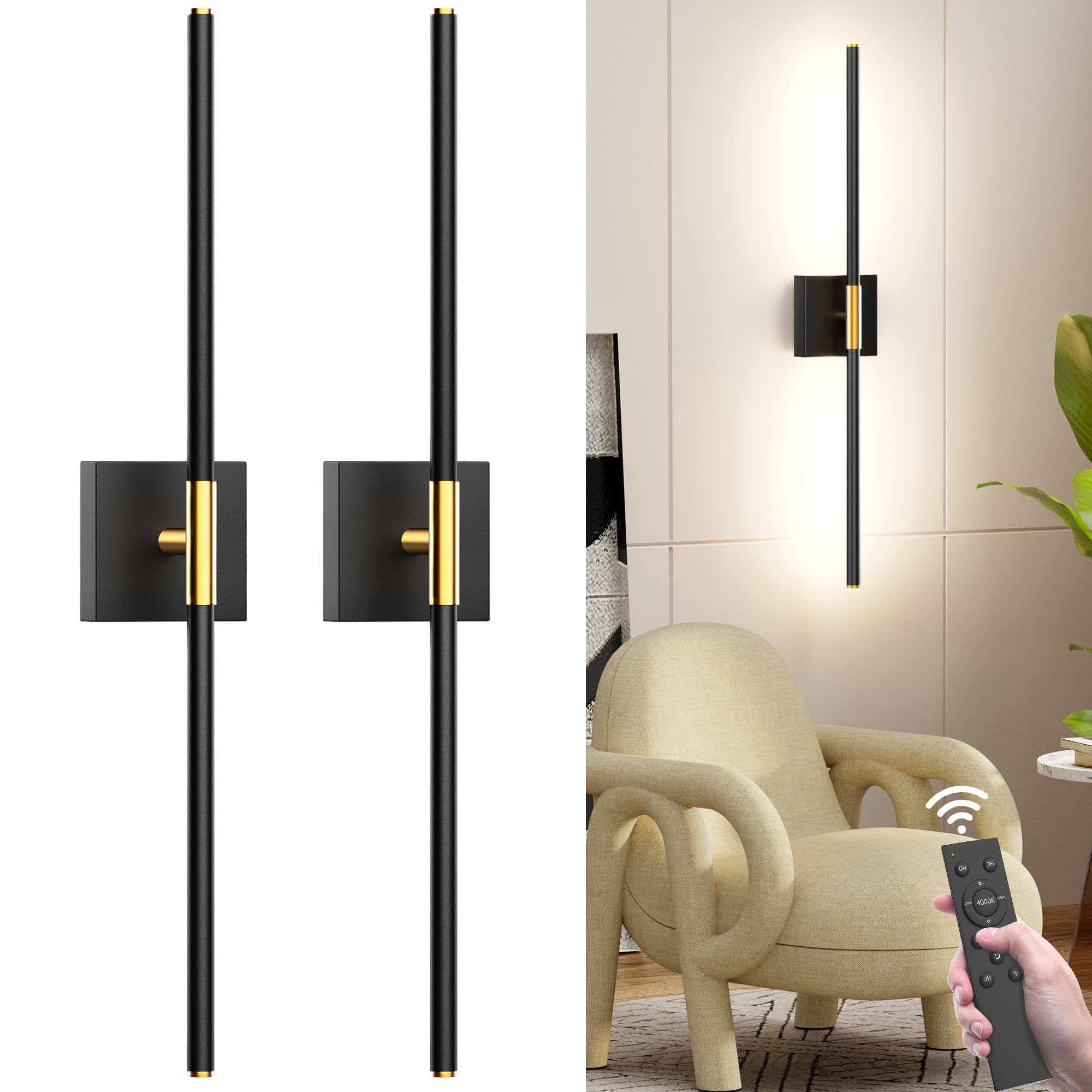 31.5 Inch Battery Operated Wall Sconce Set Of Two, 8000Mah Usb Rechargeable Wall Sconce With Remote Control, 360Rotate Dimmable