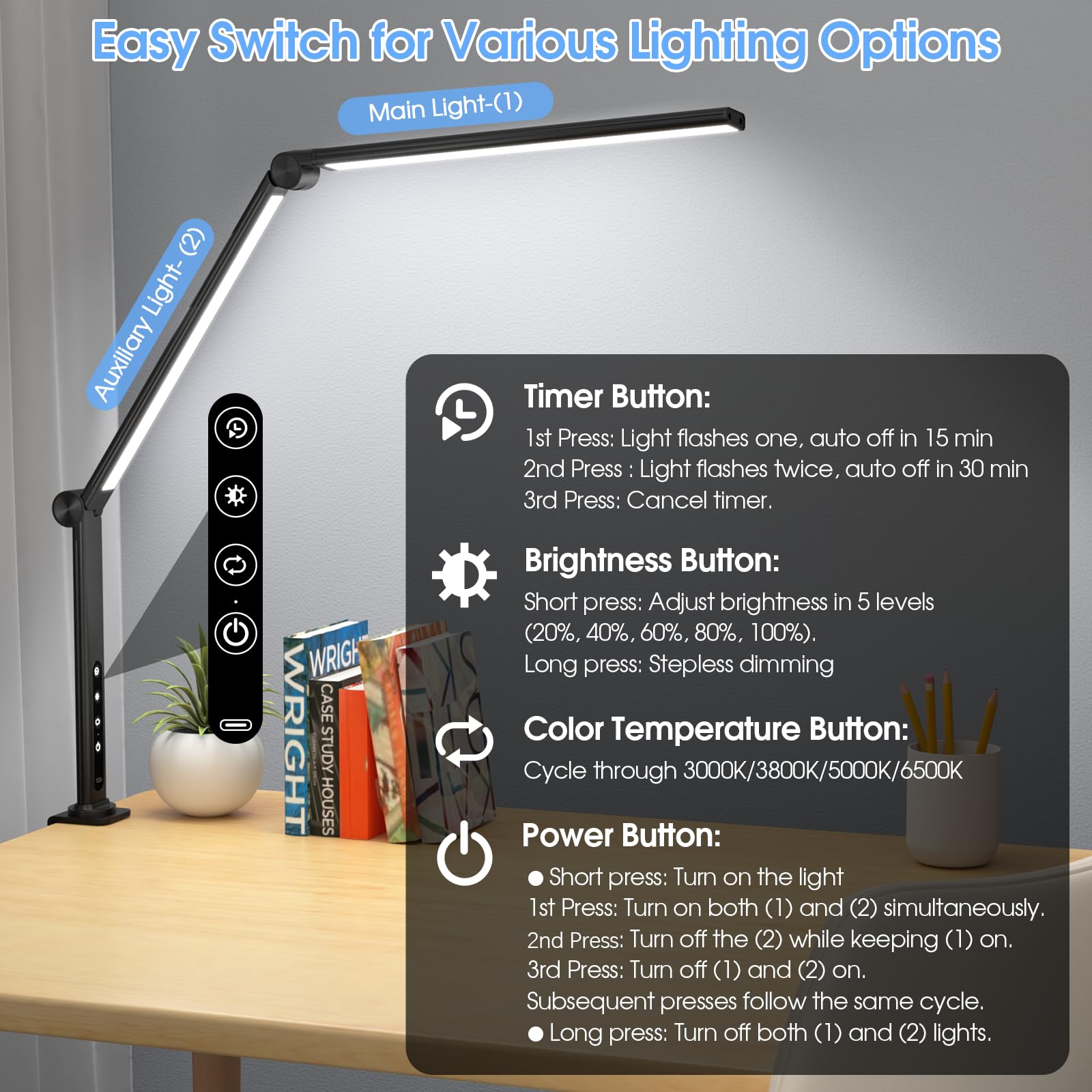 ShineTech LED Desk Lamp, Architect Design, 4CCT Modes, 5 Brightness Levels, Black, Model QY-ZDD01-B