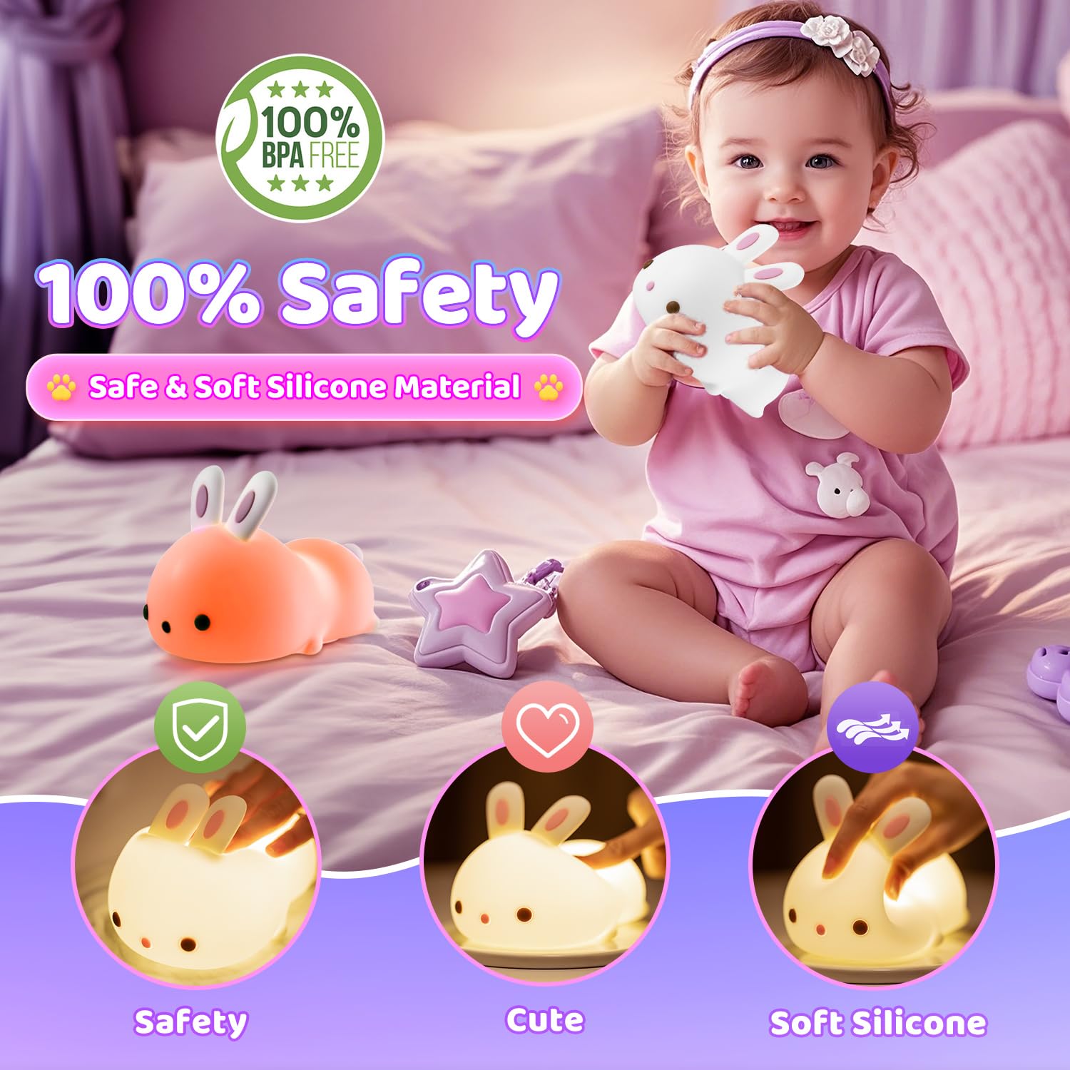 One Fire Bunny Night Light - Rechargeable Kids Lamp, 16 Colors, Model WH-A13, Cute Room Decor for Girls and Women