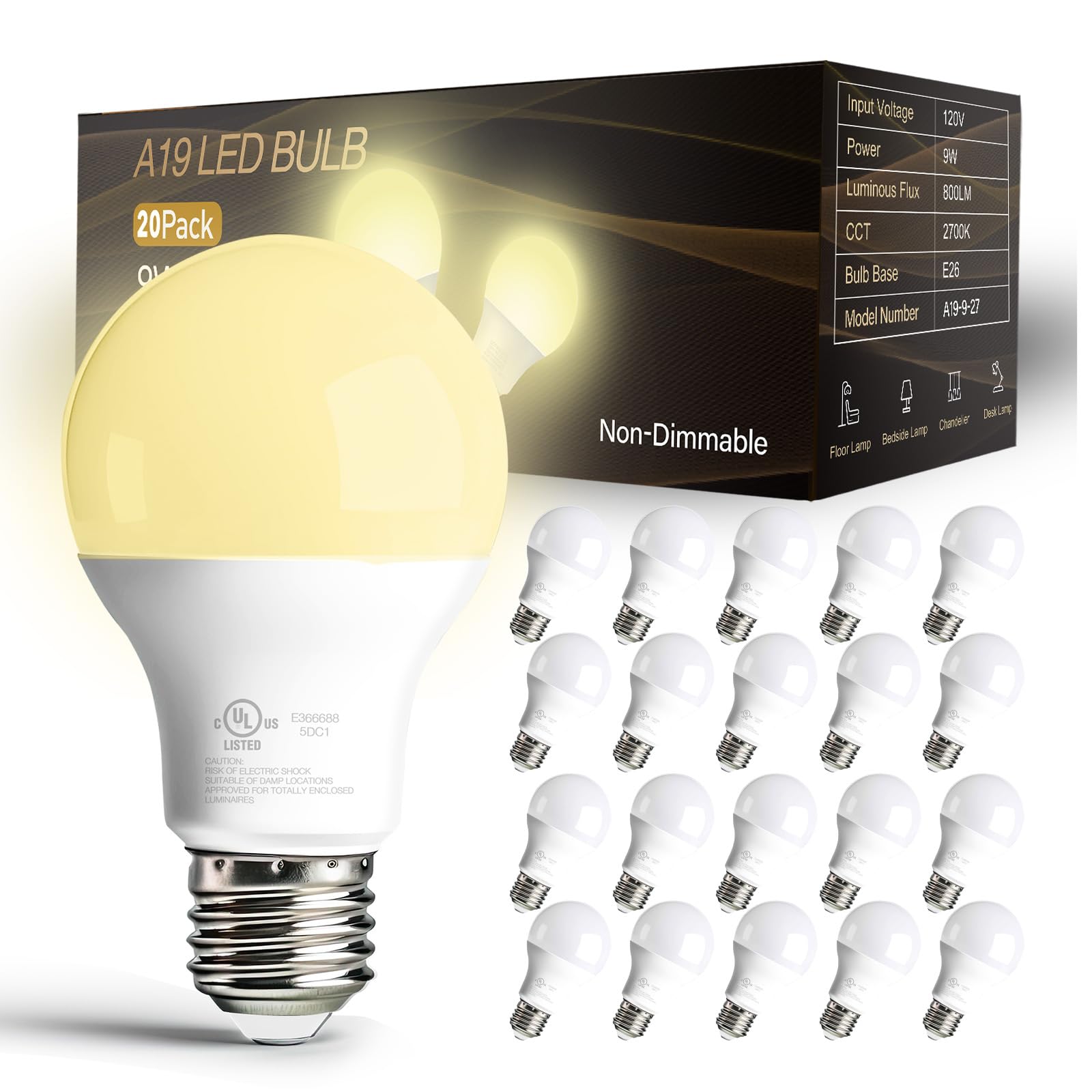 Dalattin 20 Pack Led Light Bulbs A19 E26 60 Watt Equivalent Soft White 2700K Warm Light Lightbulbs Indoor Standard 120V 60Hz 800