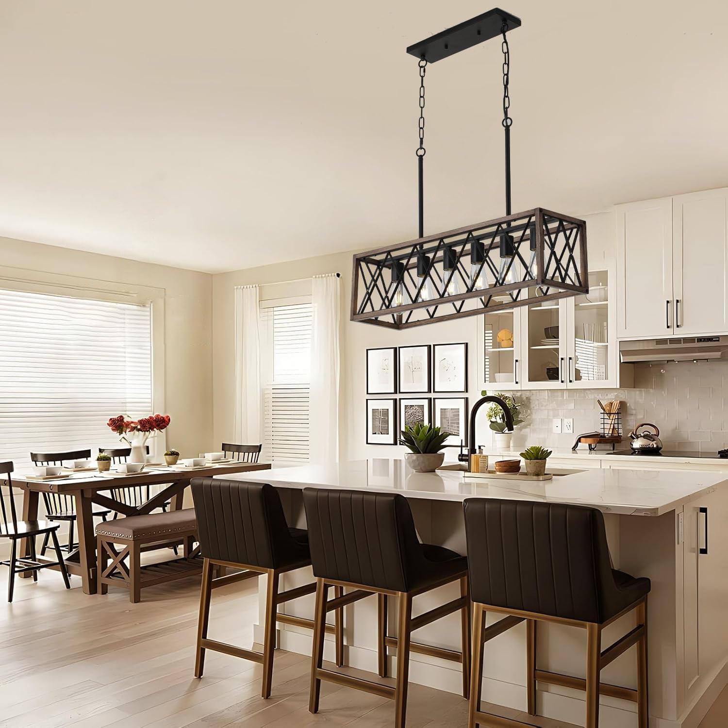 Mueof Farmhouse Kitchen Island Lighting,6-Light Dining Room Light Fixtures Over Table,Rustic Chandelier Wood Grain Finish,Height