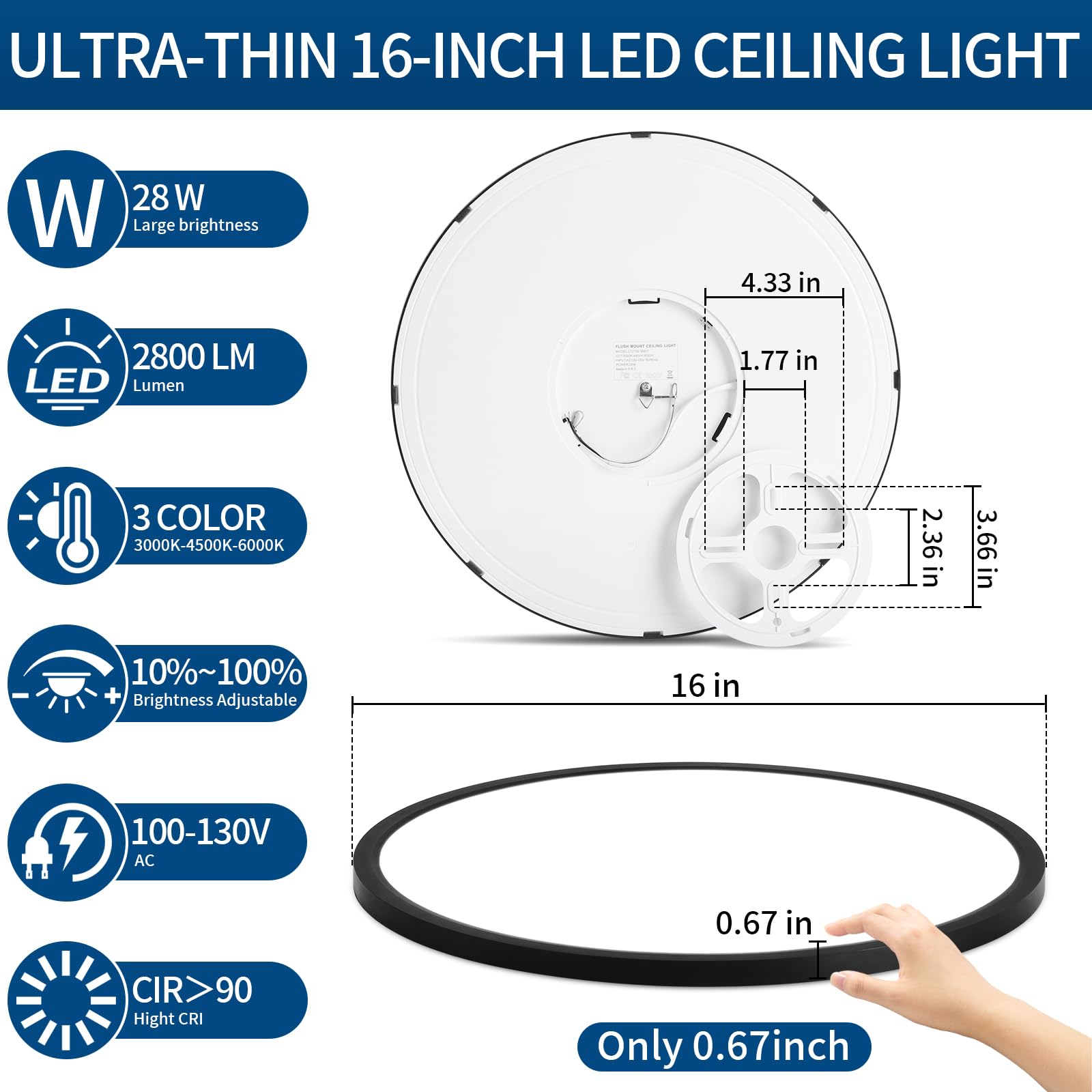 Glowall Modern 16'' Led Ceiling Light Fixture, Ultra Thin Flush Mount, Dimmable & 3000K/4500K/6000K Selectable, 28W 2800Lm, Blac