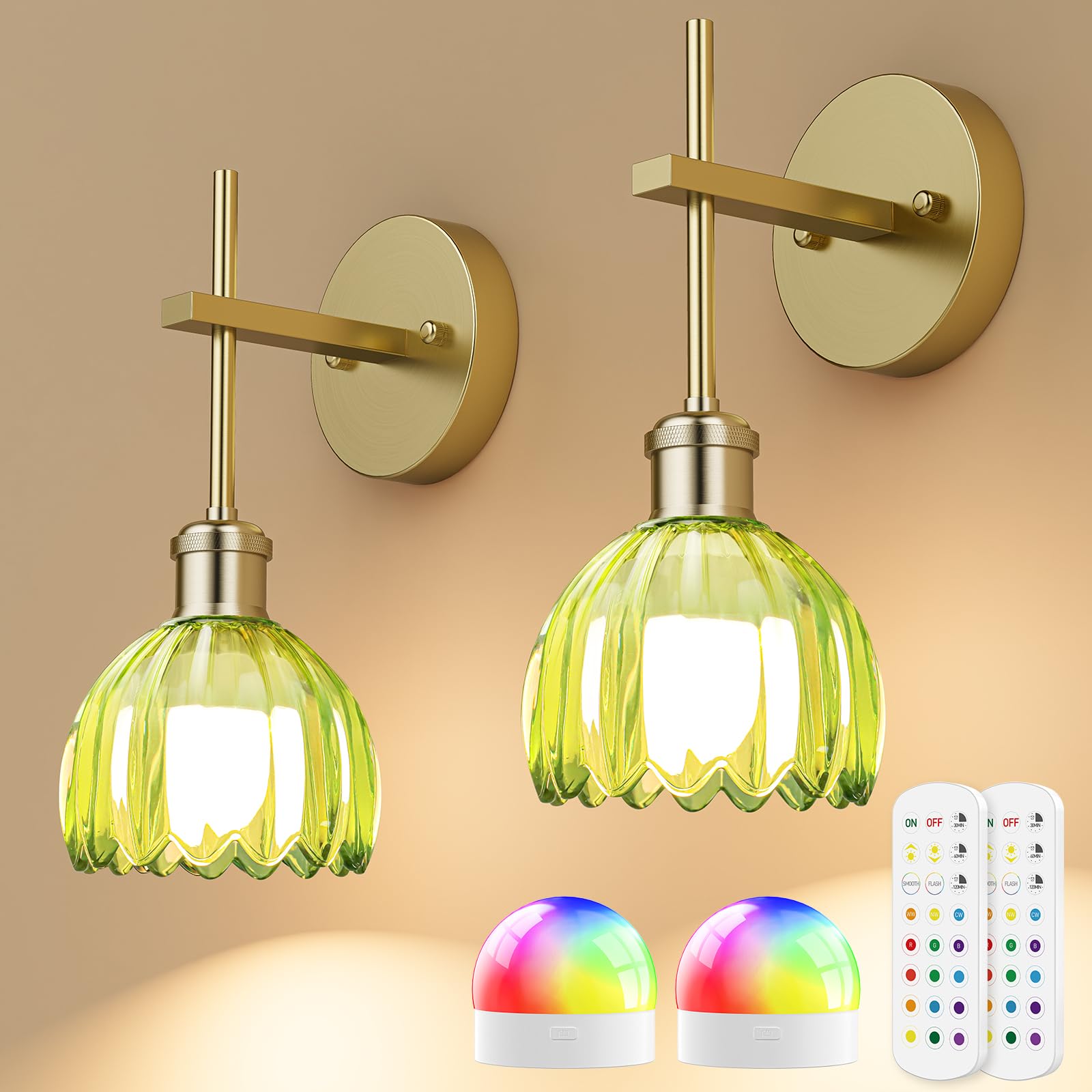 LITTAR Battery Operated Wall Sconce with Green Tulip-Shaped Lampshades, Wireless Rechargeable Sconces Wall Decor Set of 2 with R