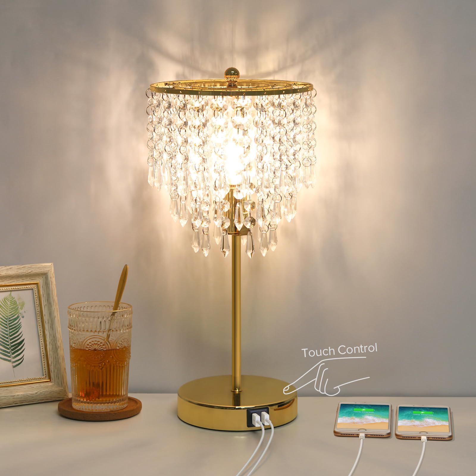 Seaside Village Touch Control Crystal Table Lamp, 3-Way Dimmable, Gold, Includes 6W LED Bulb, Model 13047