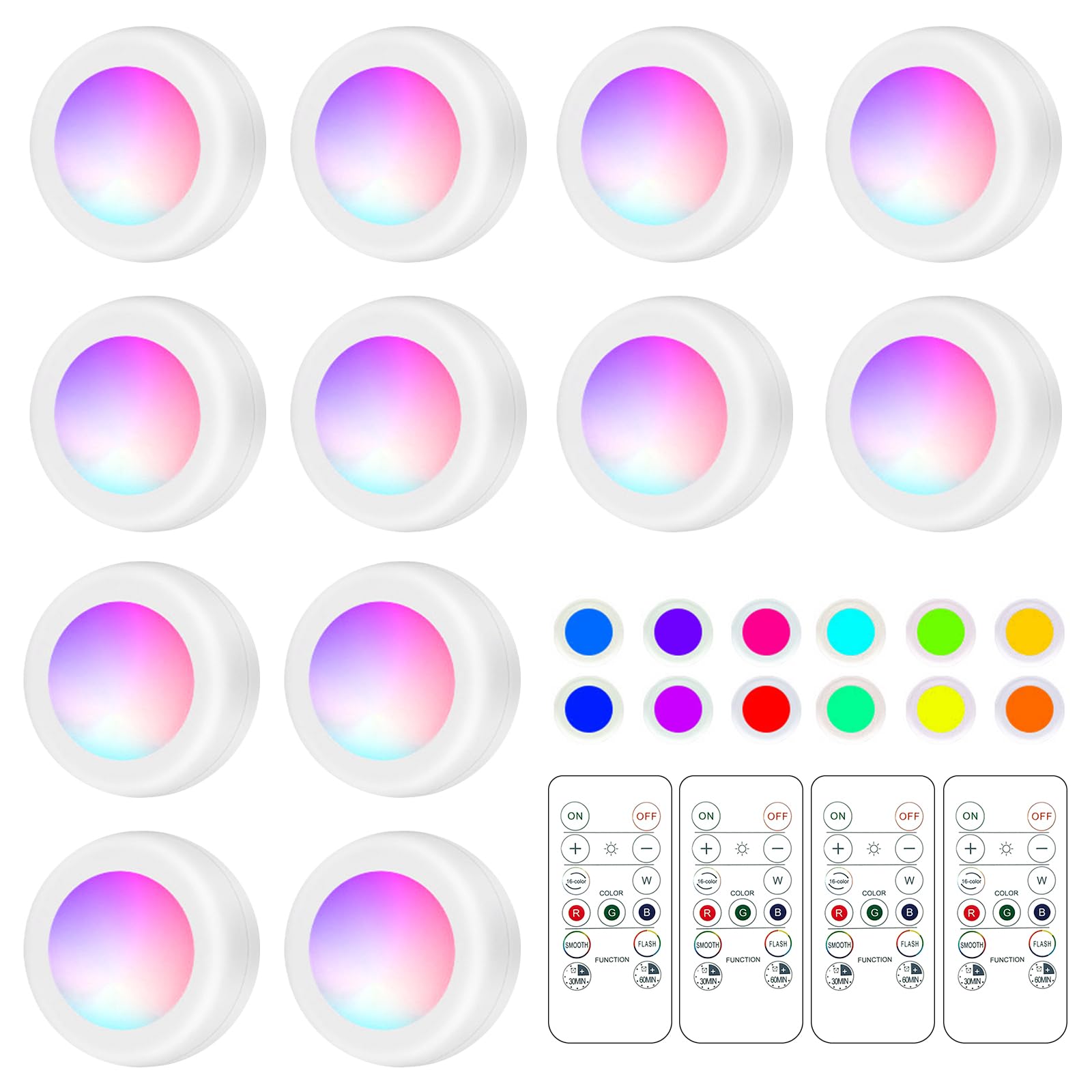 LED Puck Lights with Remote Control, 16 Color Changeable Under Cabinet with Control & Timing, Battery Operated Wireless Closet L