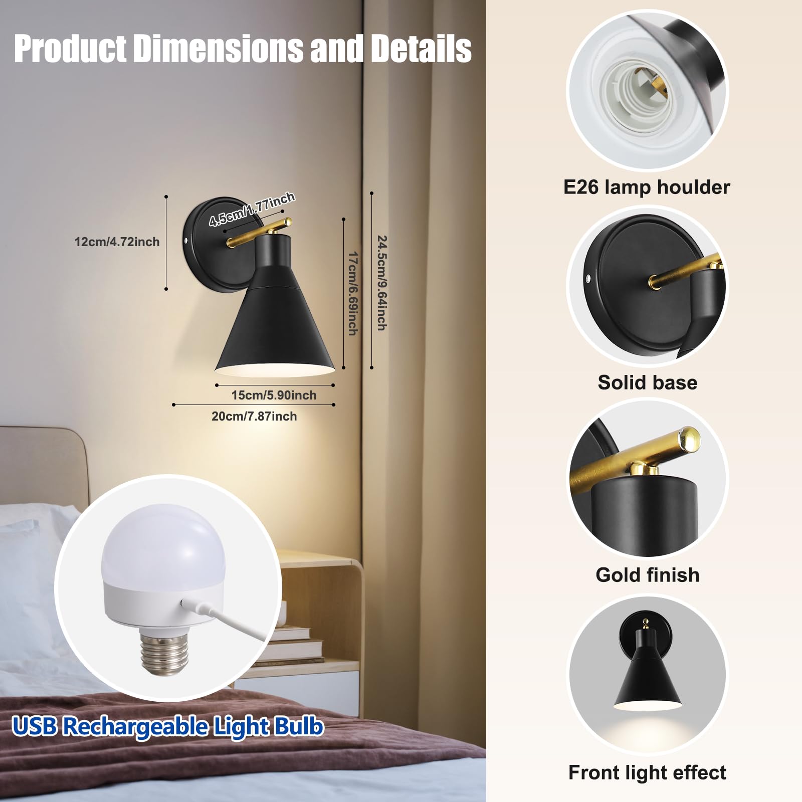 Bailoch Black Wall Sconces Set of 2 - Wireless Battery Powered, 300LM Dimmable, Metal, Model BLWS004B2 for Bedroom, Living Room, Hallway