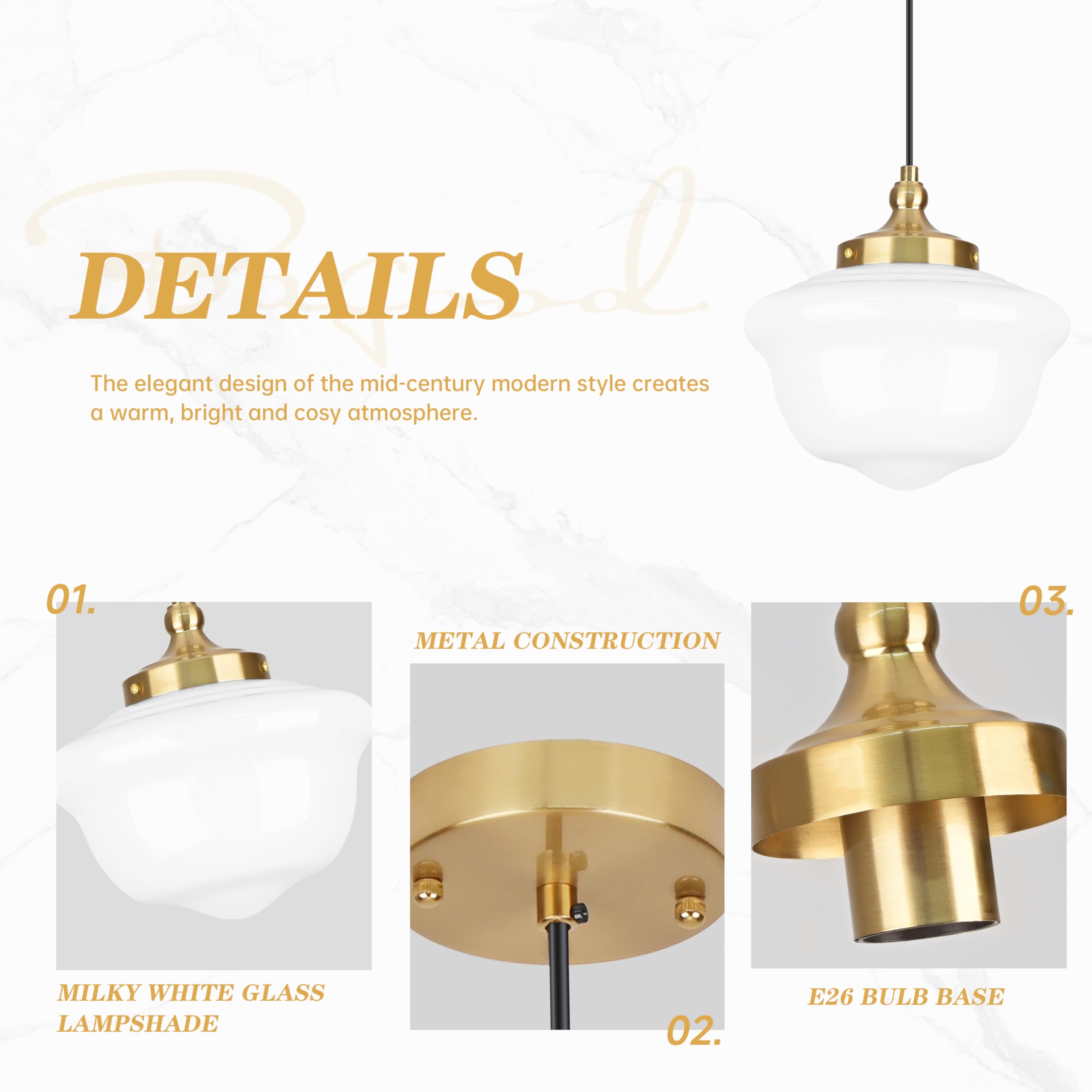 Bagood 10'' Milk Glass Pendant Light Gold Schoolhouse Light Fixture Schoolhouse Pendant Light Milk Glass Light Fixture Mid Centu