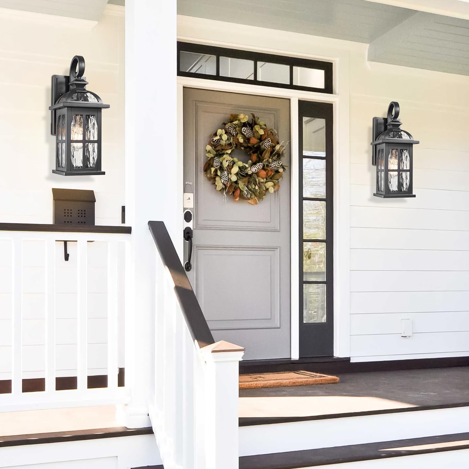 Darkaway Outdoor Wall Light Fixture - Water Ripple Glass, Aluminum, Medium-2 Pack, Black - Ideal for Porch, Patio, Doorway, Garage