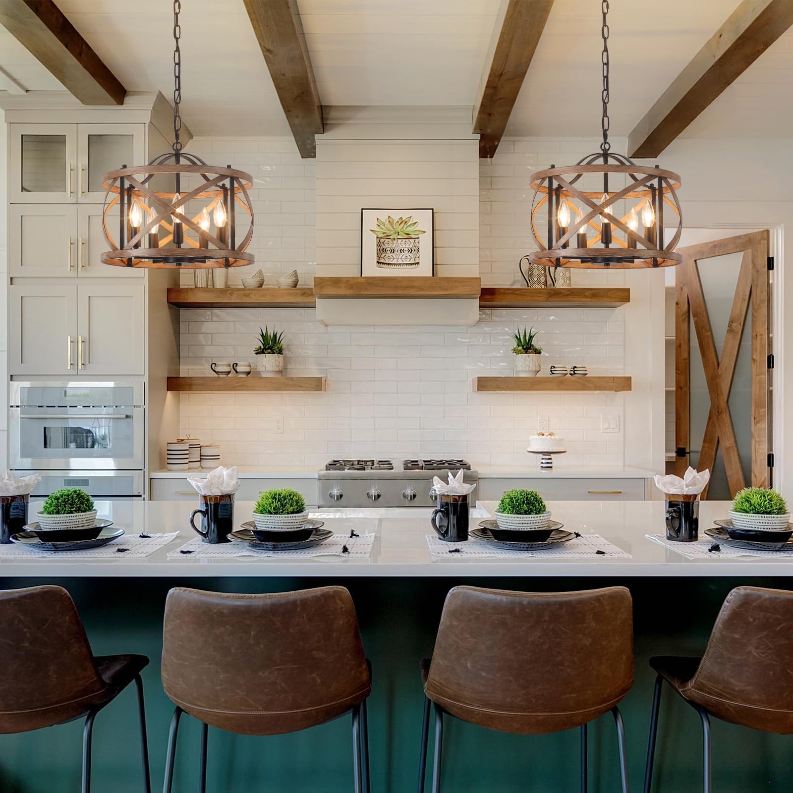 Farmhouse Chandelier For Dining Room, 5-Light Kitchen Pendant Island Light Fixtures E12 Rustic Wood Painted Adjustable Hanging L