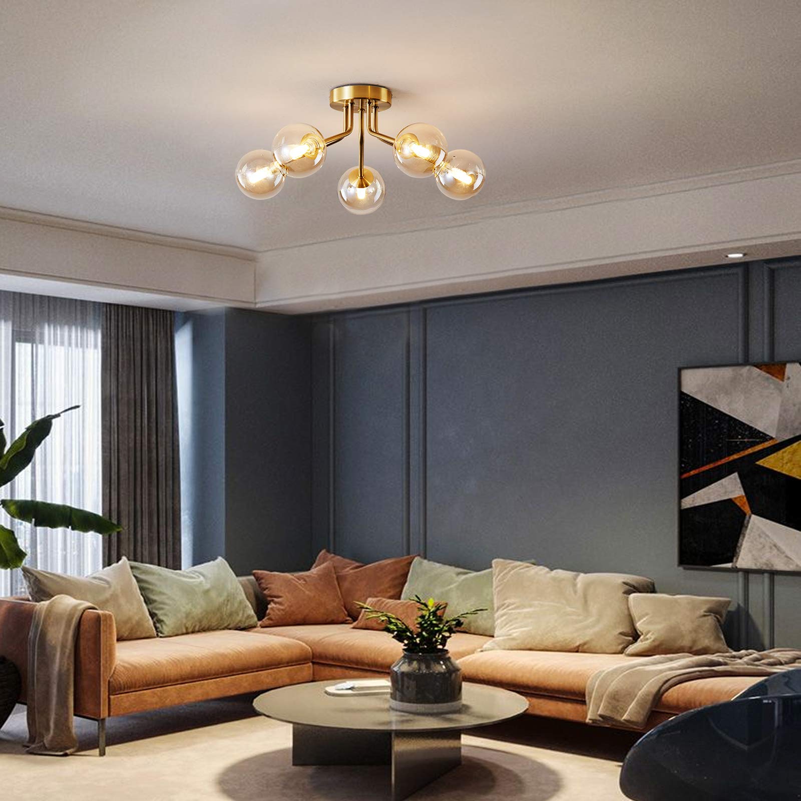 Modern Sputnik Chandeliers 5 Light Gold Semi Flush Mount Ceiling Light Fixture Pendant Lamps Bulb With Glass Globe Lighting For