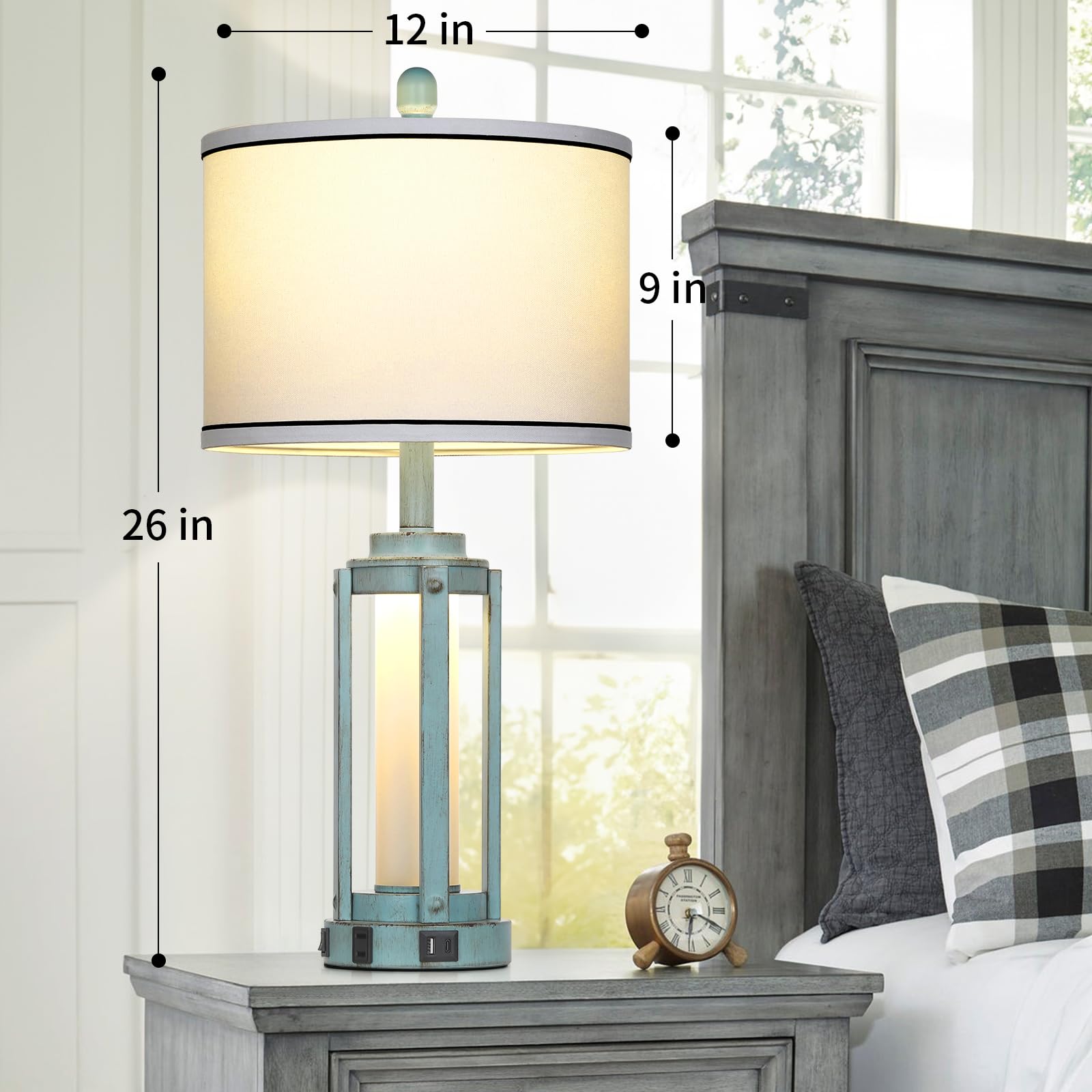 Rinweey Table Lamp For Living Room, Vintage Rustic Industrial Farmhouse Lamps With Usb A+C Charging Ports & Ac Outlet, Beside Ni