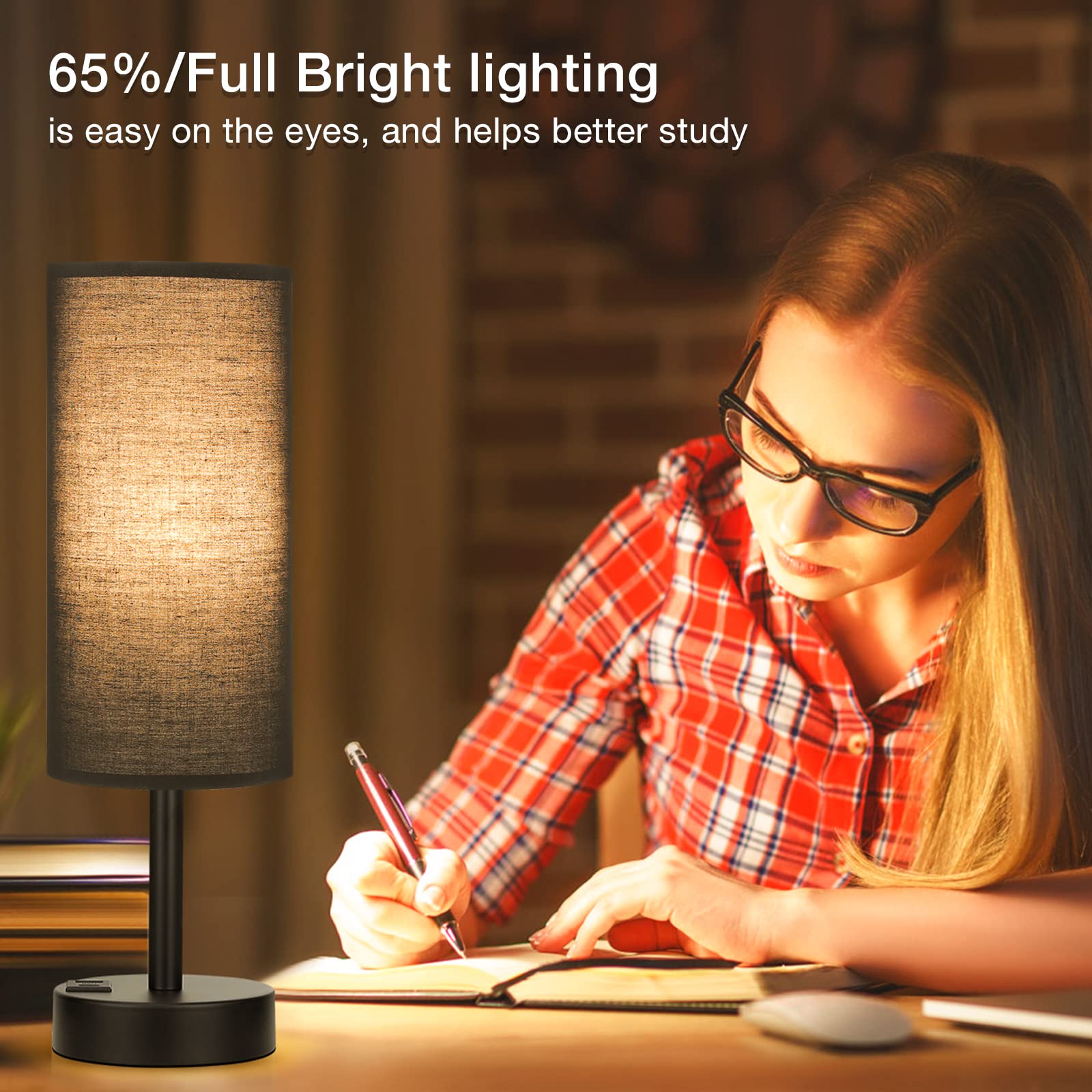 Black Touch Nightstand Lamps For Girl - Small Bedside Lamp With Usb-C And Usb Charging Ports, 3 Way Dimmable Control Table Lamp